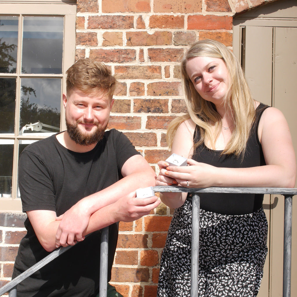 Katy & Gareth with their completed rings outside the workshop.