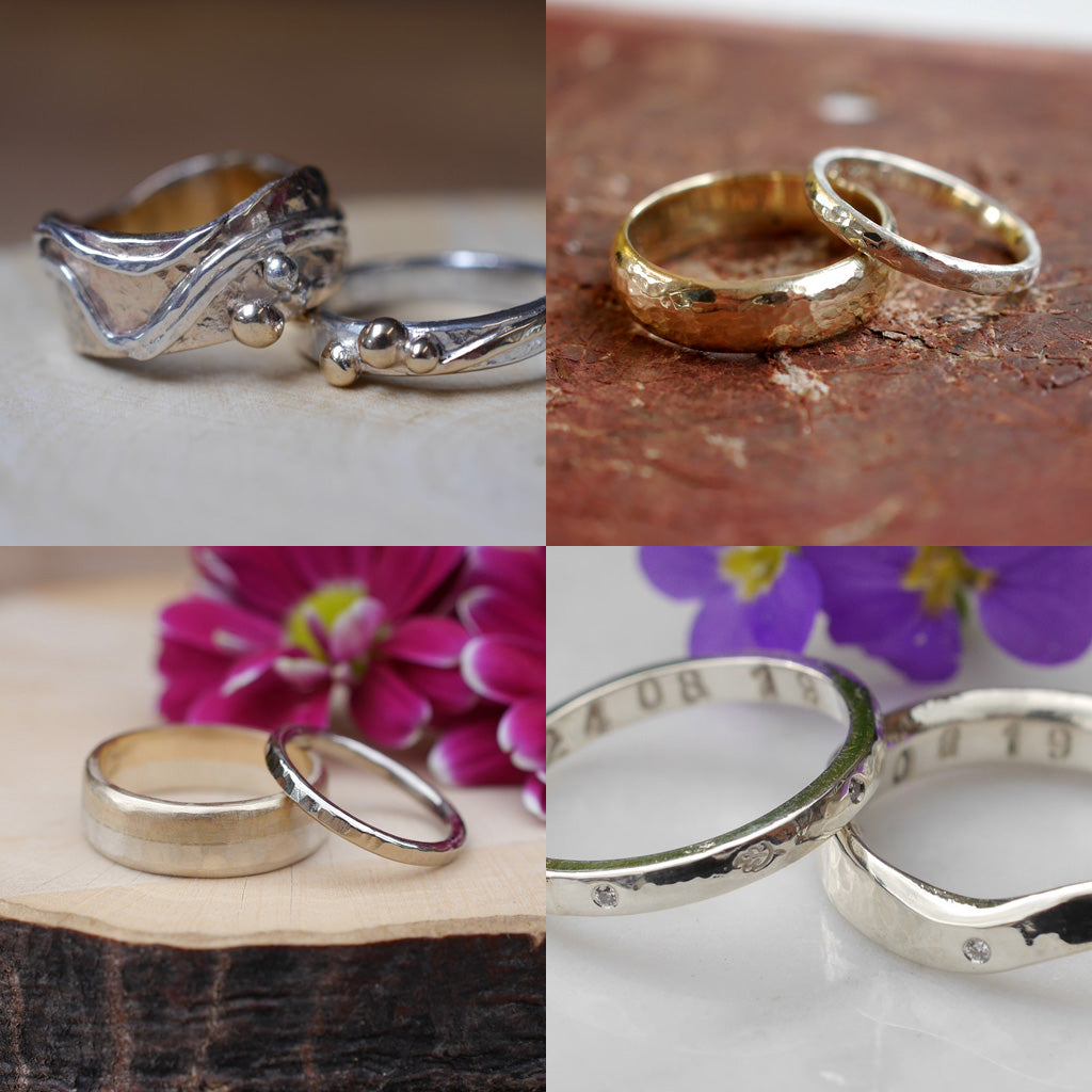 A selection of wedding rings made on workshops, showing a range of designs, metals and techniques.