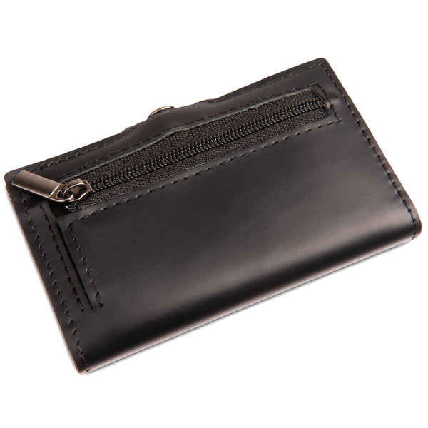 back of cardinal black leather wallet with zipper