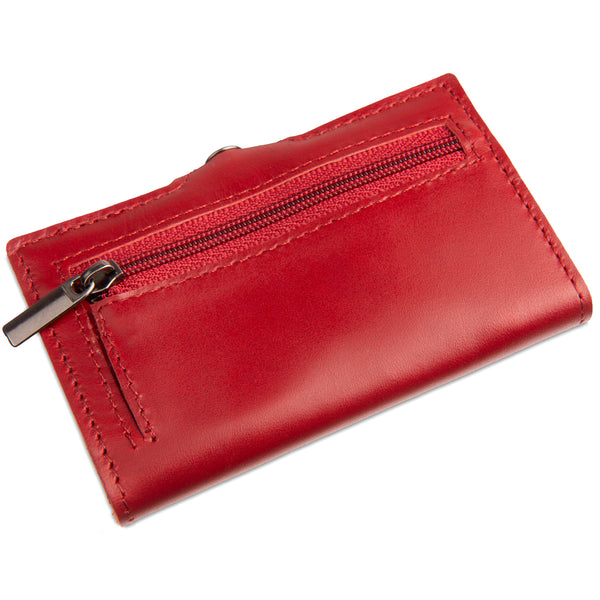 back of cardinal red leather wallet with zipper