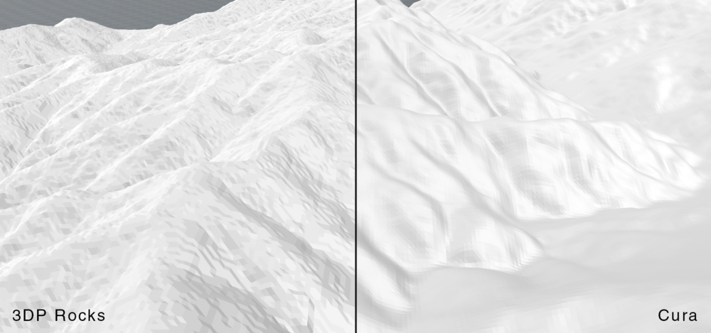 Side by side comparison of Cura generated lithophane vs 3DP Rocks