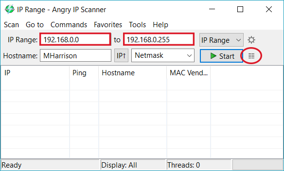 Angry IP scanner user interface