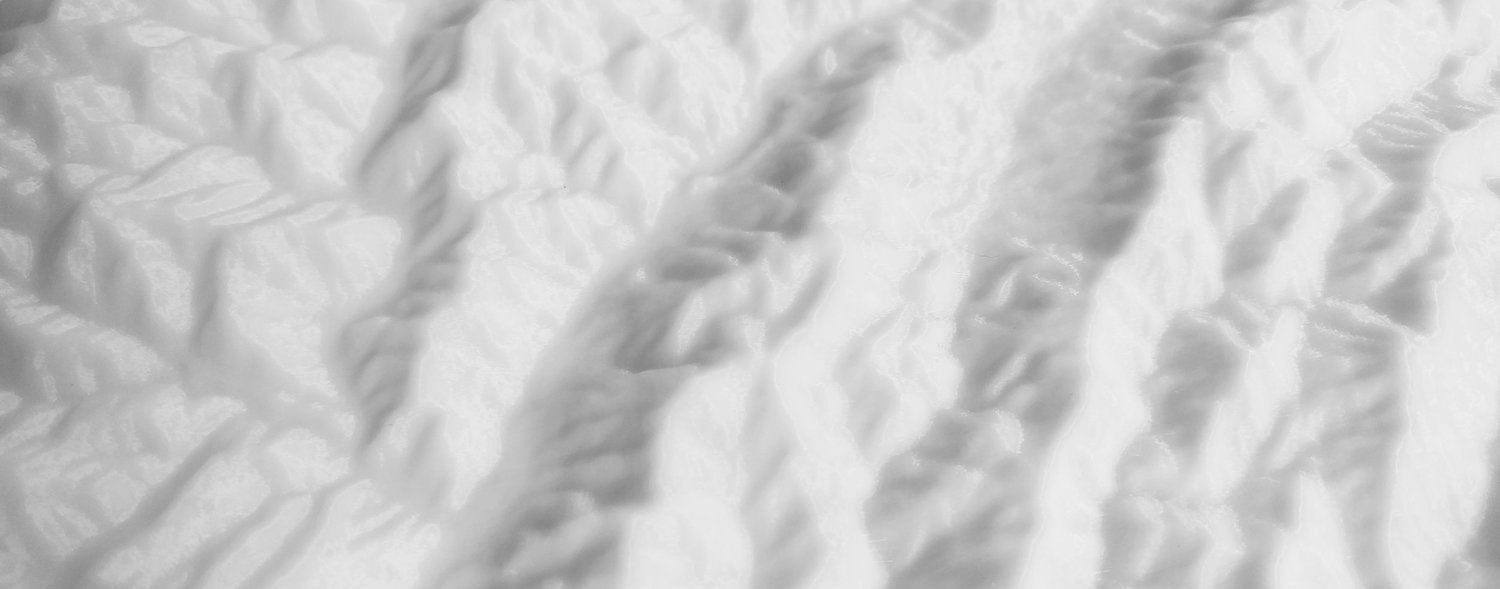 Zoomed in image of white 3D printed mountain topography