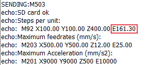 Screenshot of M503 gcode command result