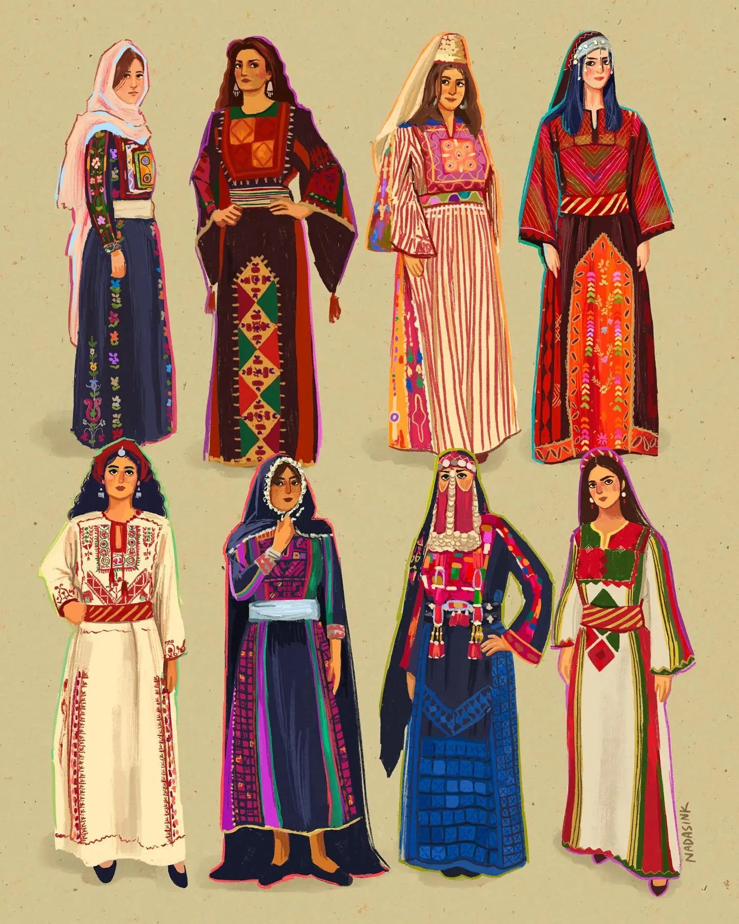 Colorful illustration of eight Palestinian women in diverse traditional regional thobes featuring distinct tatreez embroidery patterns from different Palestinian villages showing rich textile heritage and cultural identity