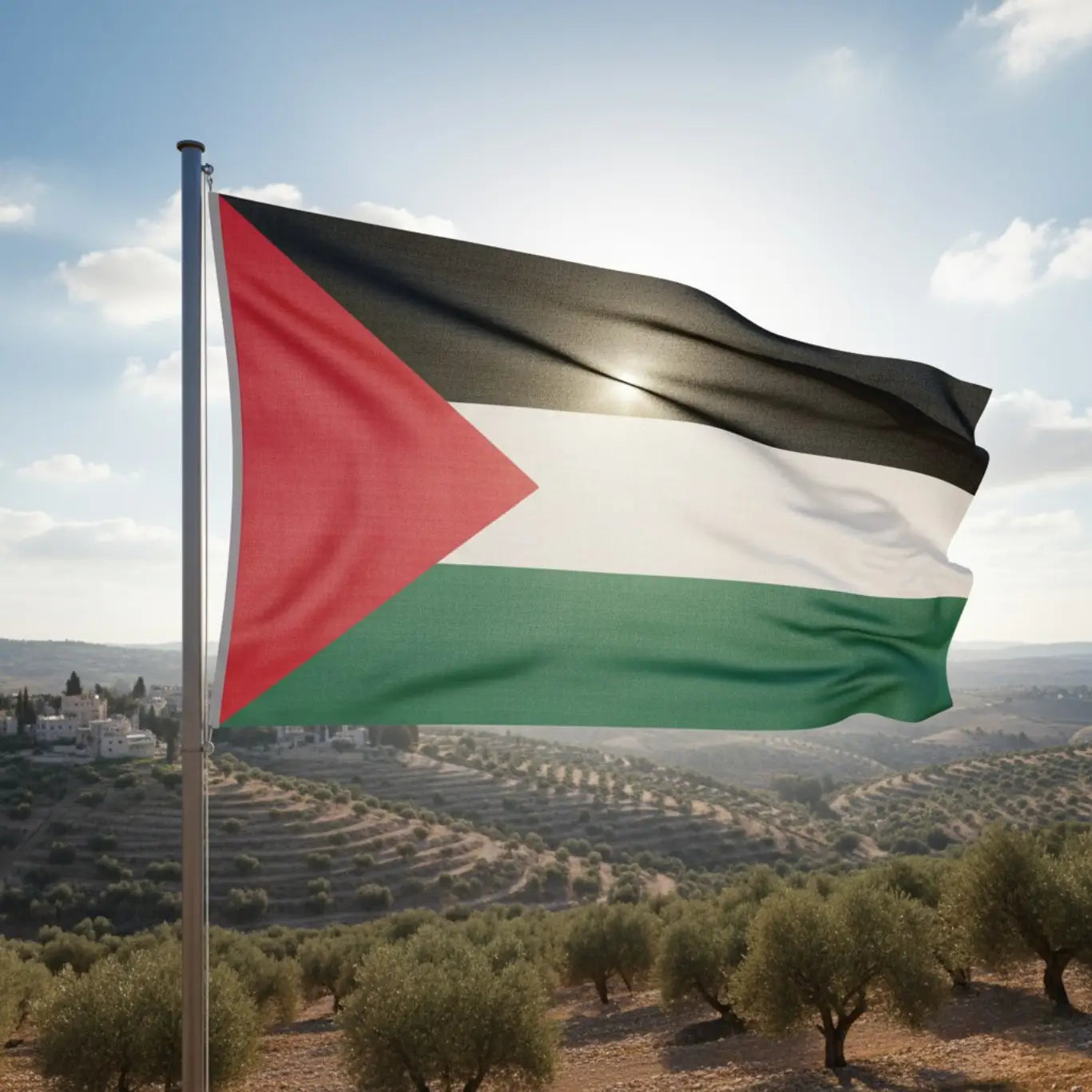 Palestinian flag waving against blue sky showing red triangle and horizontal stripes of black white and green representing Arab heritage