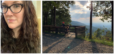 Left: close up picture of an adult white woman with brown cat eye glasses and long, curly brown hair. Right: a mountain range in the distance with a viewing platform, trees, and three kids in the distance on the platform.