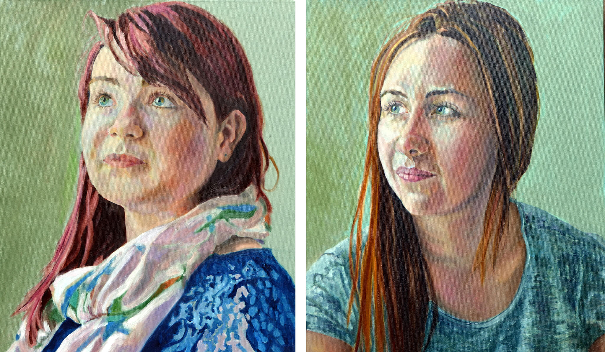 Florence and Phoebe Gibson portraits in oils on canvas artworks by Stella Tooth.