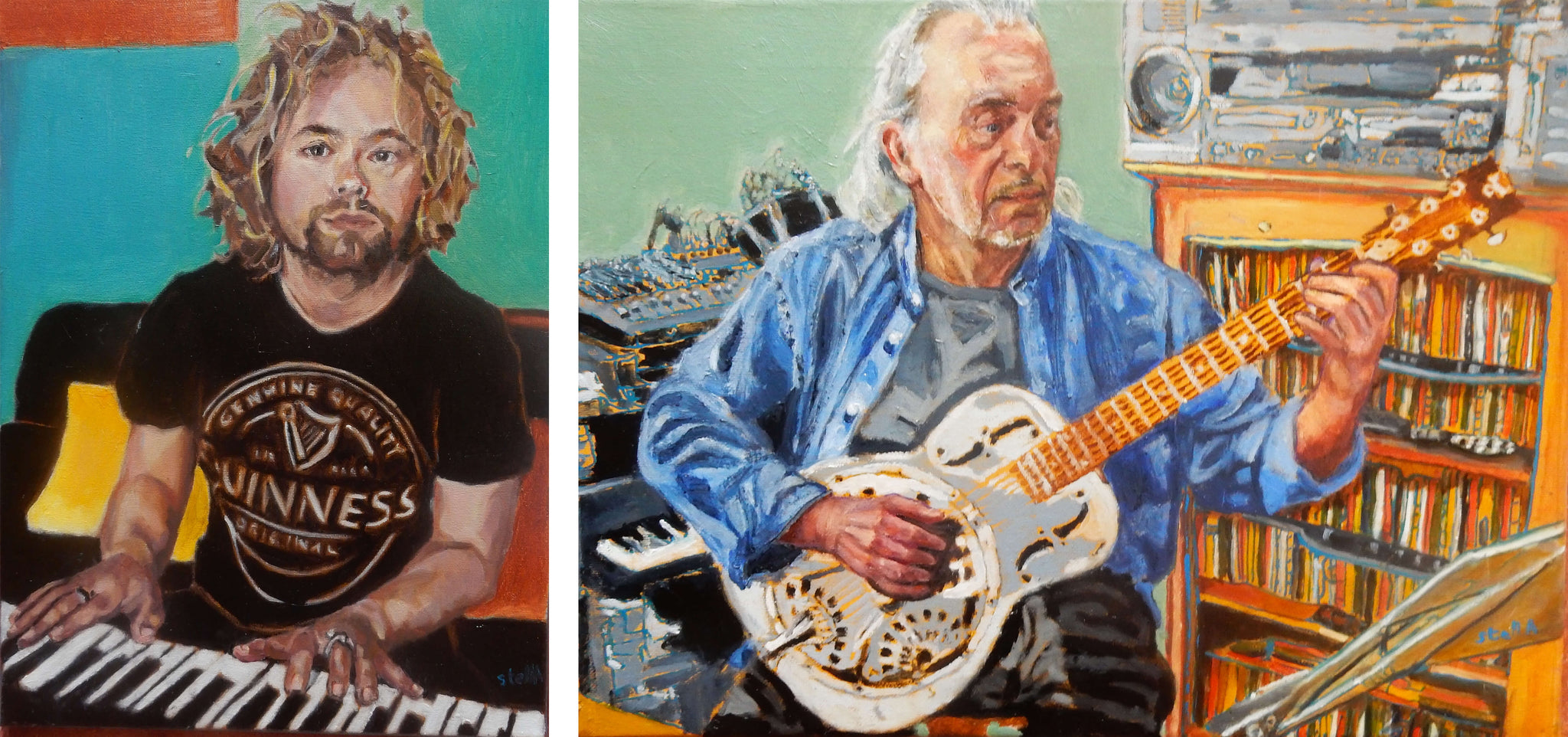 Musicians Marky Dawson and Robert Hokum performing online oil portraits on canvas by Stella Tooth lockdown musician series