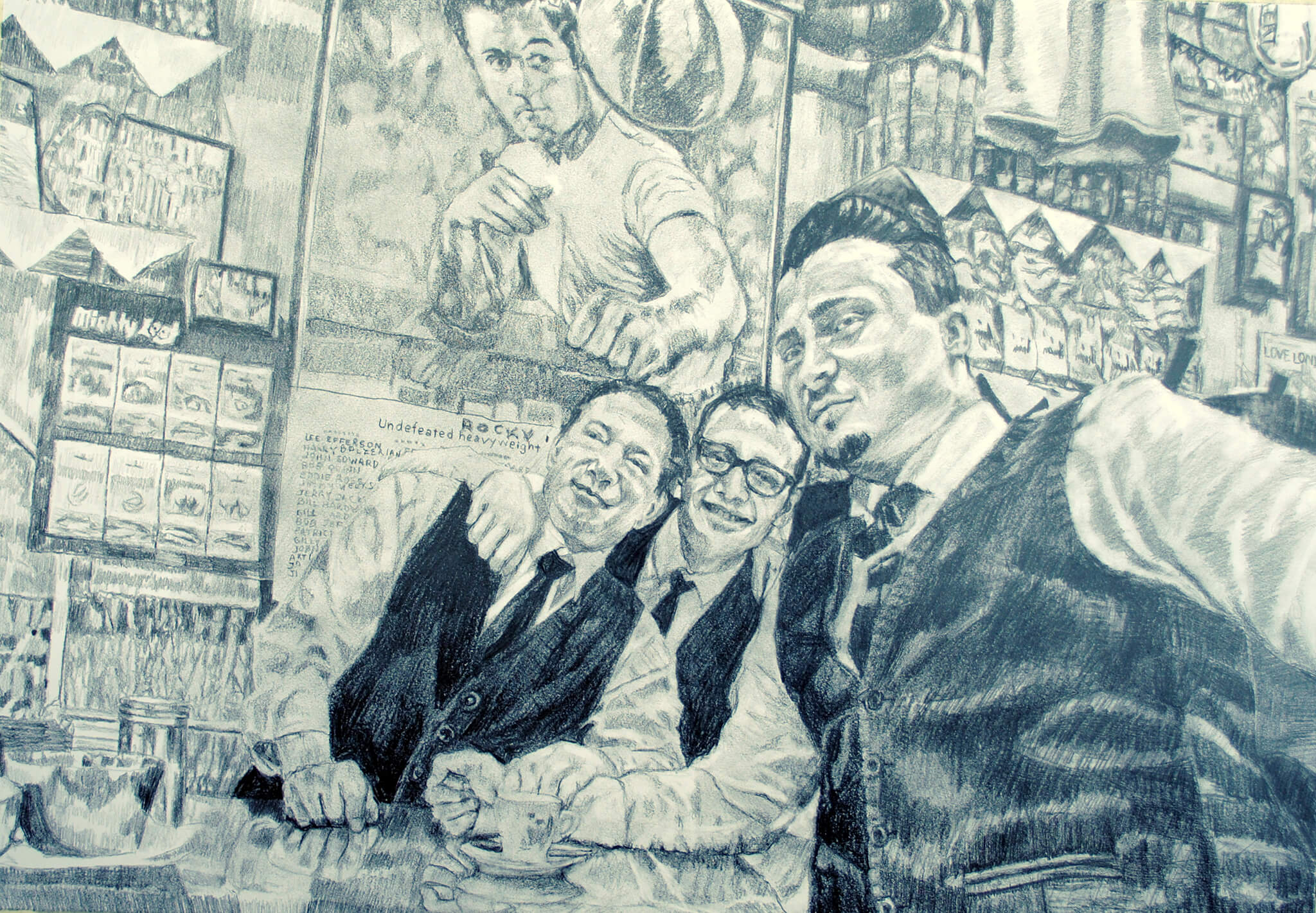 Bar Italia staff pencil on paper business portrait commission artwork by Stella Tooth