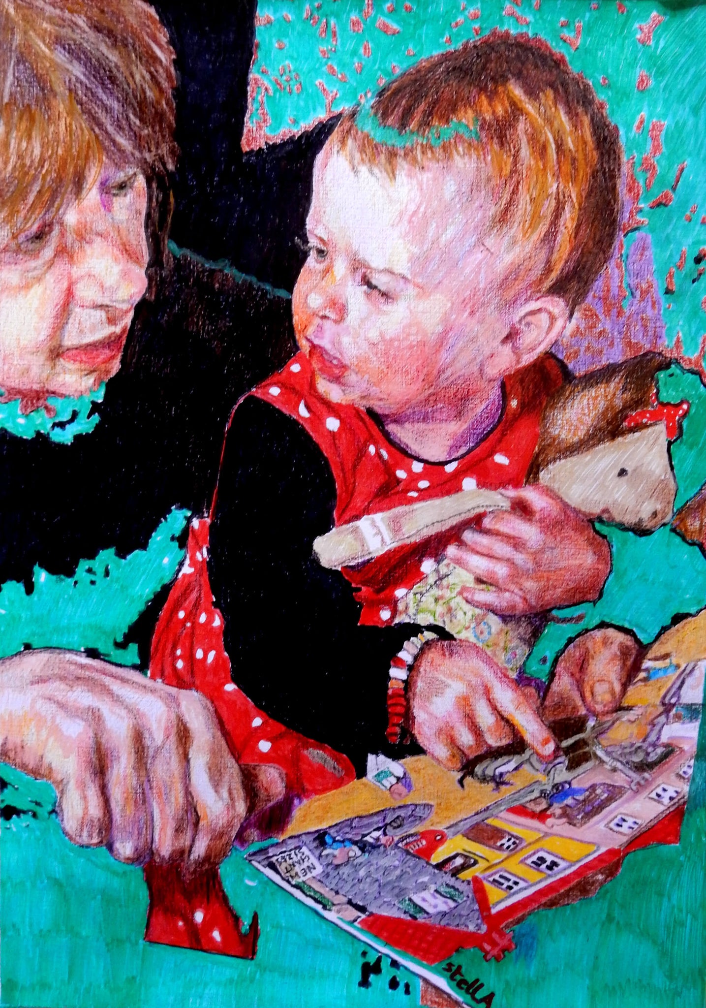 Daisy reading with granny pencil on paper portrait artwork by Stella Tooth.