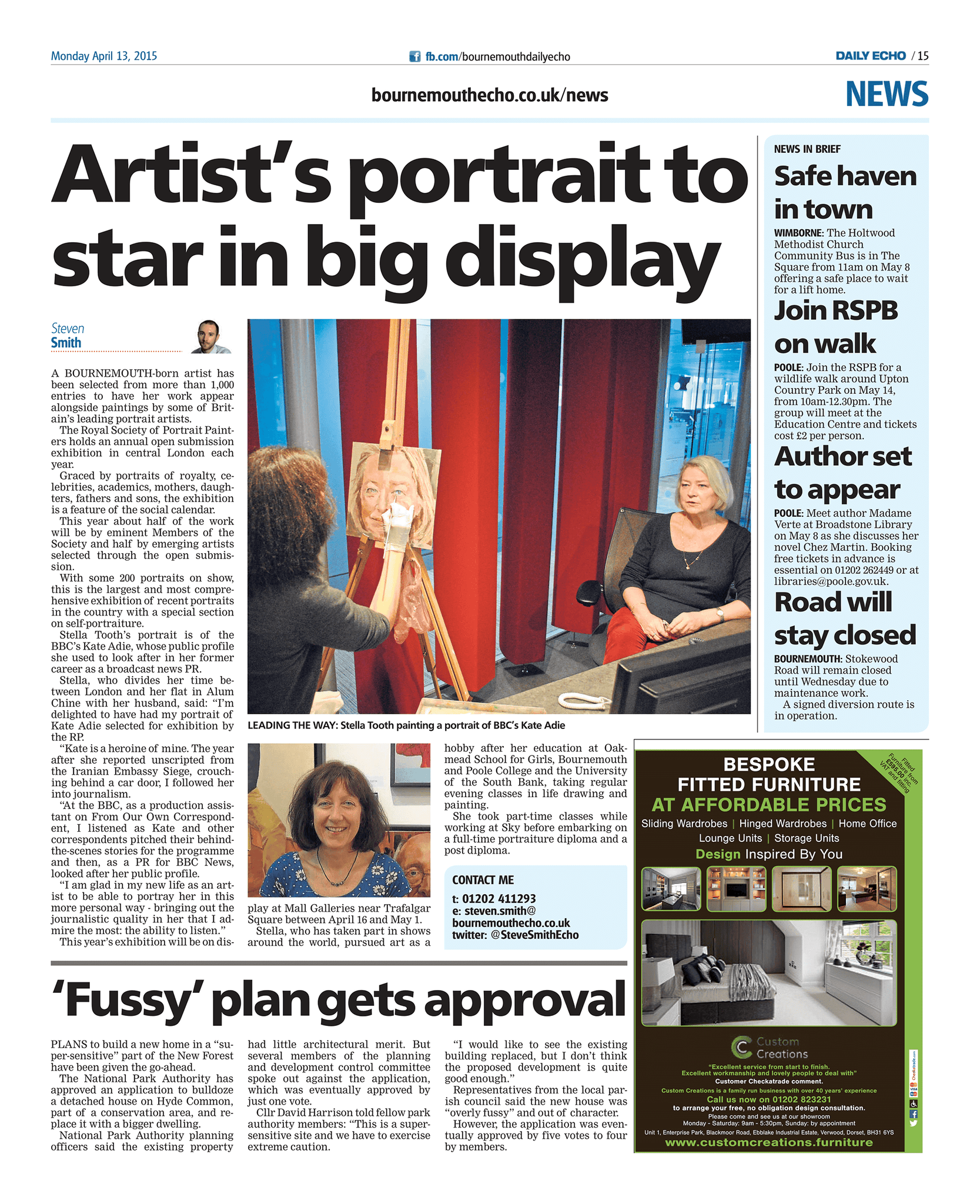 Bournemouth Echo on Kate Adie portrait in Royal Society of Portrait Painters Annual Exhibition 2015 Bournemouth Echo Monday April 13 2015 Artist's portrait to star in big display