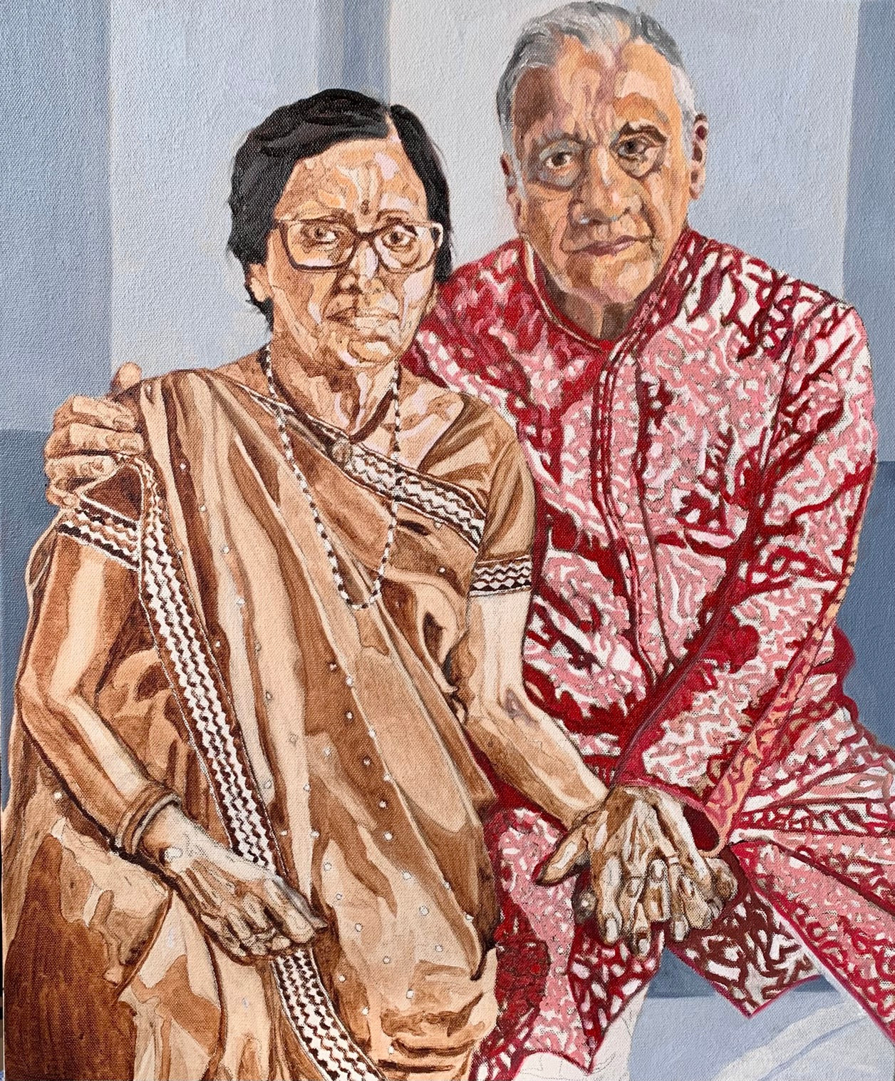 Underpainting in colour beginning of portrait of Chandra and Kasmira by Stella Tooth portrait artist