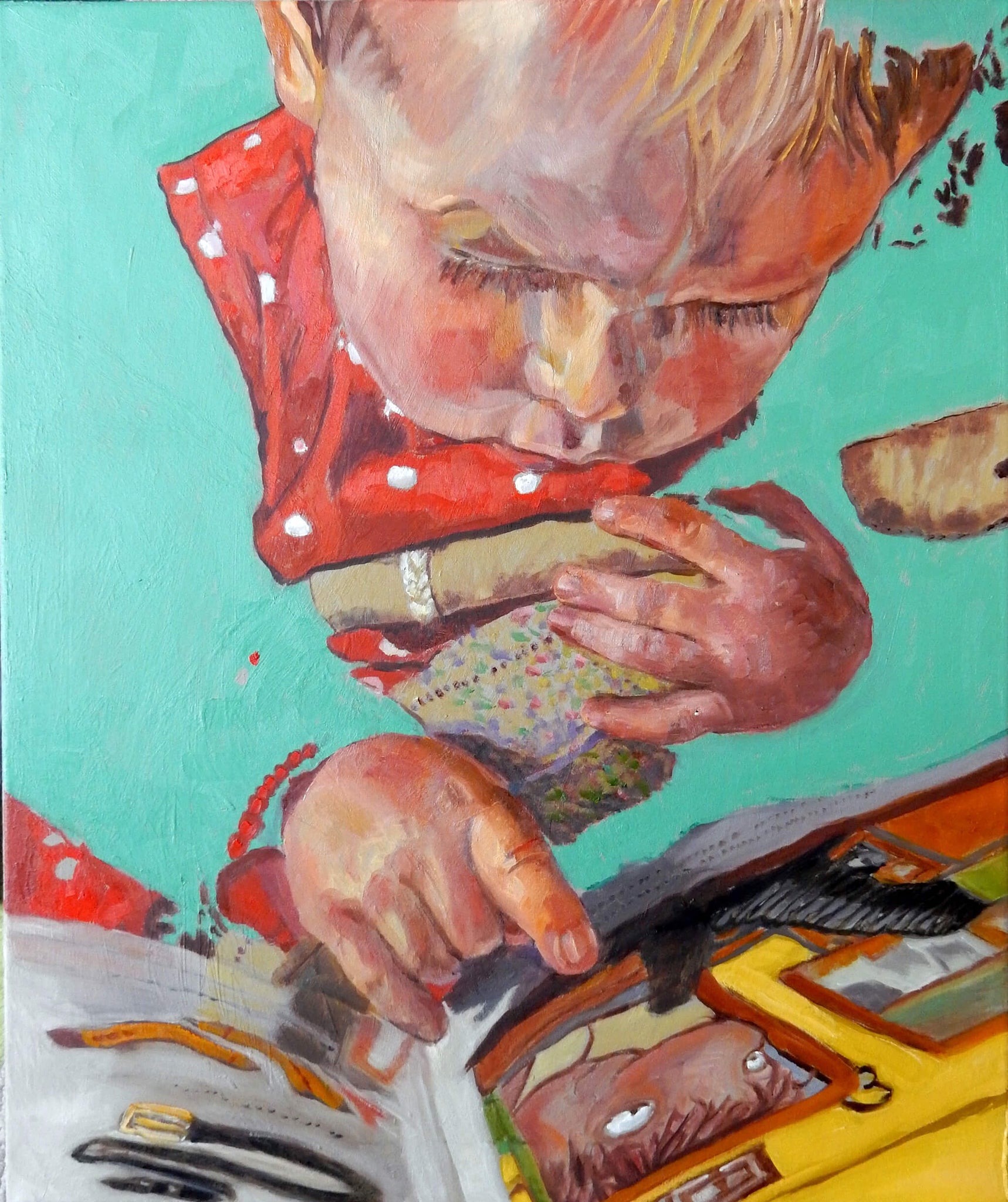 Daisy reading Julia Donaldson's The Smartest Giant in Town oil on canvas portrait artwork by Stella Tooth.