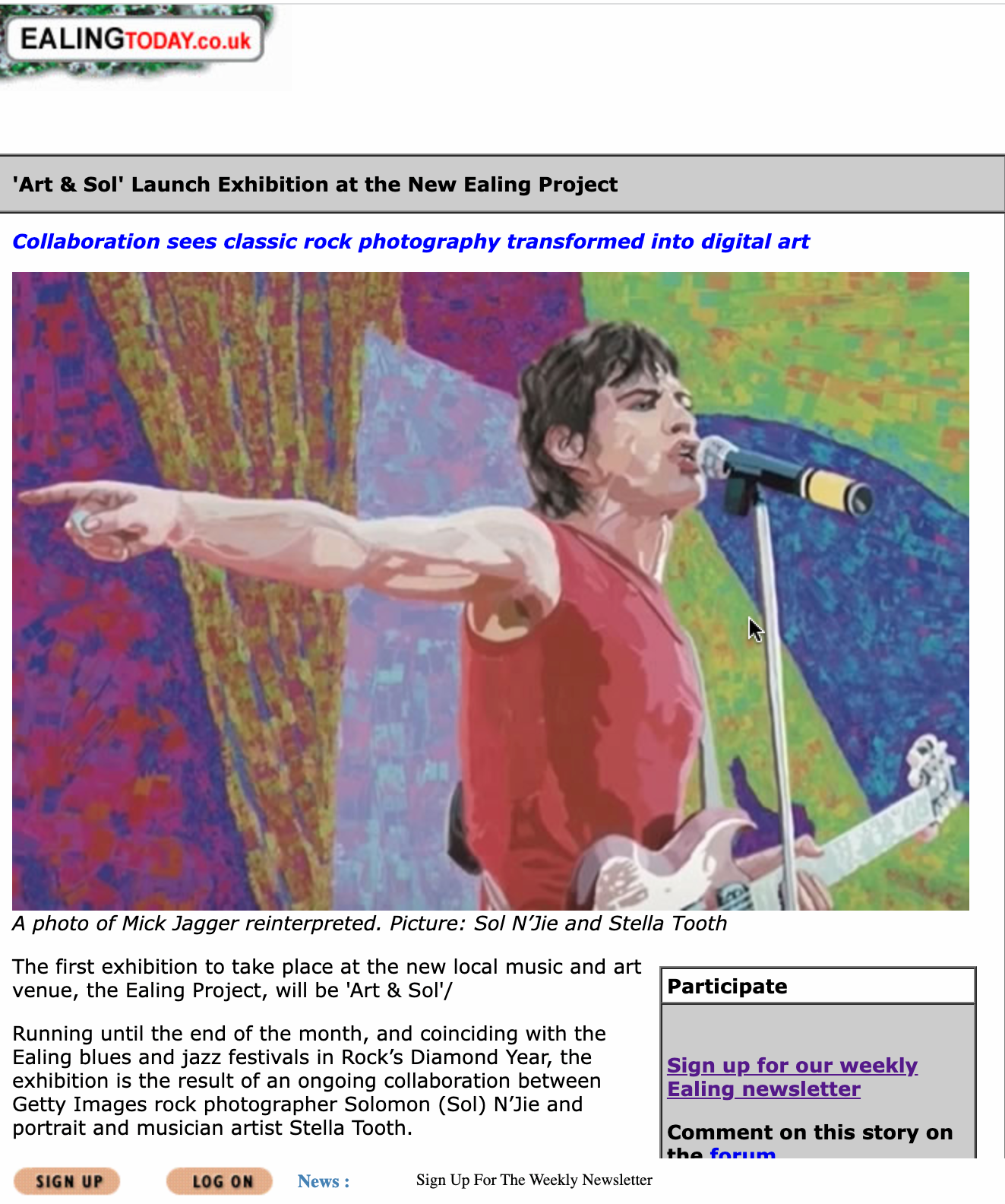 Ealing Today news story on Art & Sol exhibition of work of Sol N'Jie photographer and musician artist Stella Tooth who has reinterpreted his rock photos