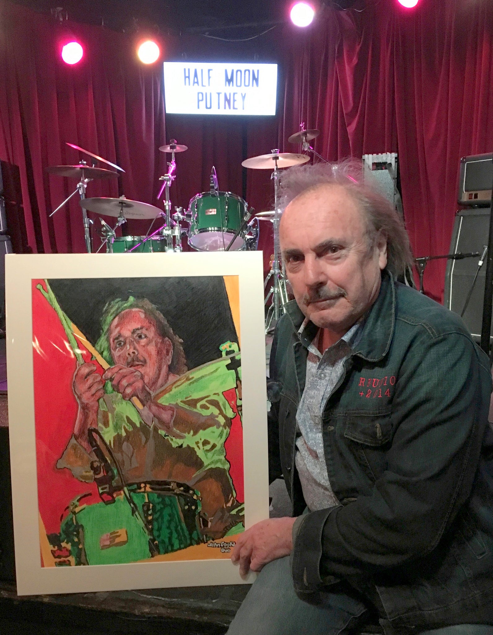 John Coghlan of Status Quo with Stella Tooth artist's mixed media on paper portrait of him