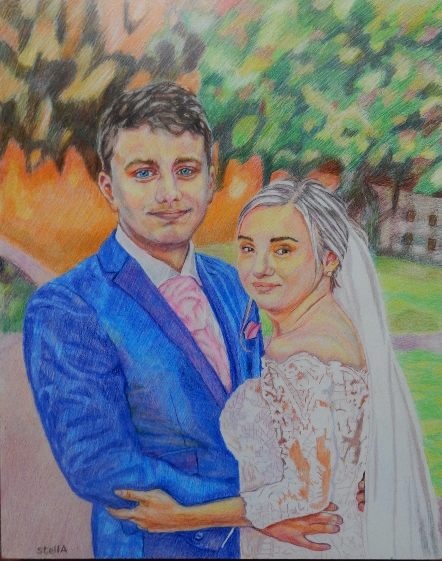 John Paul and Sophie's wedding day pencil on cradled gesso panel by Stella Tooth portrait artist