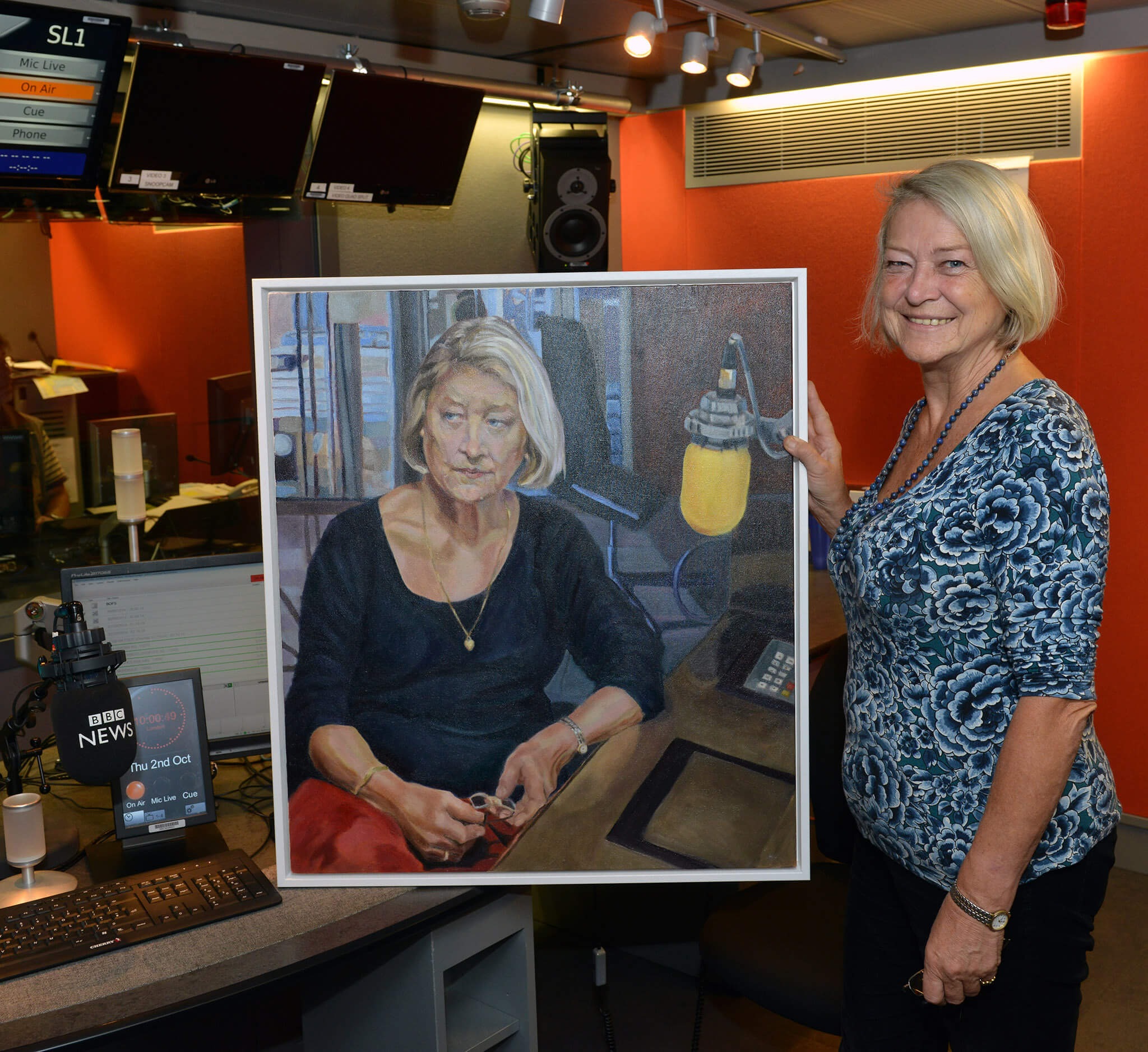 Kate Adie in BBC radio with her portrait oils on canvas artwork by Stella Tooth.