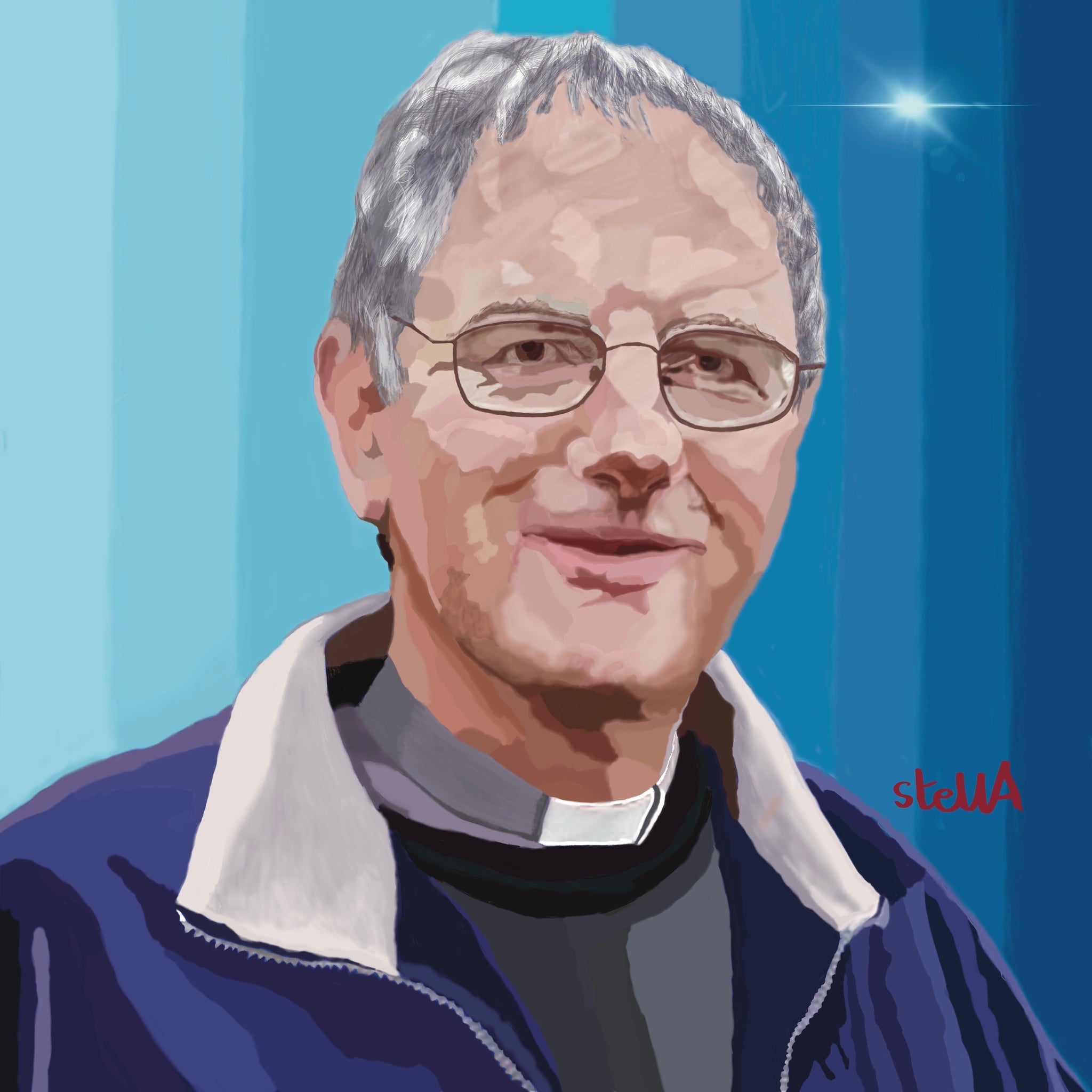 Commission of digital painting of Keith former vicar of St Milburga church Beckbury by Stella Tooth