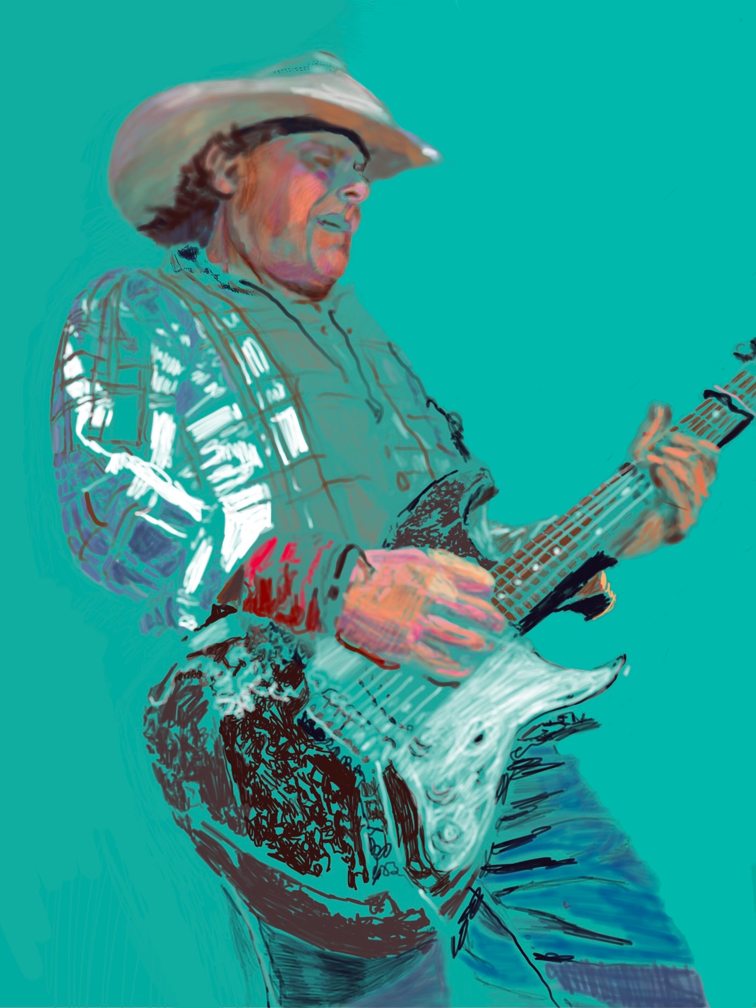 Digital painting by Stella Tooth of Jamie Moses musician of Los Pacaminos playing at the Half Moon Putney