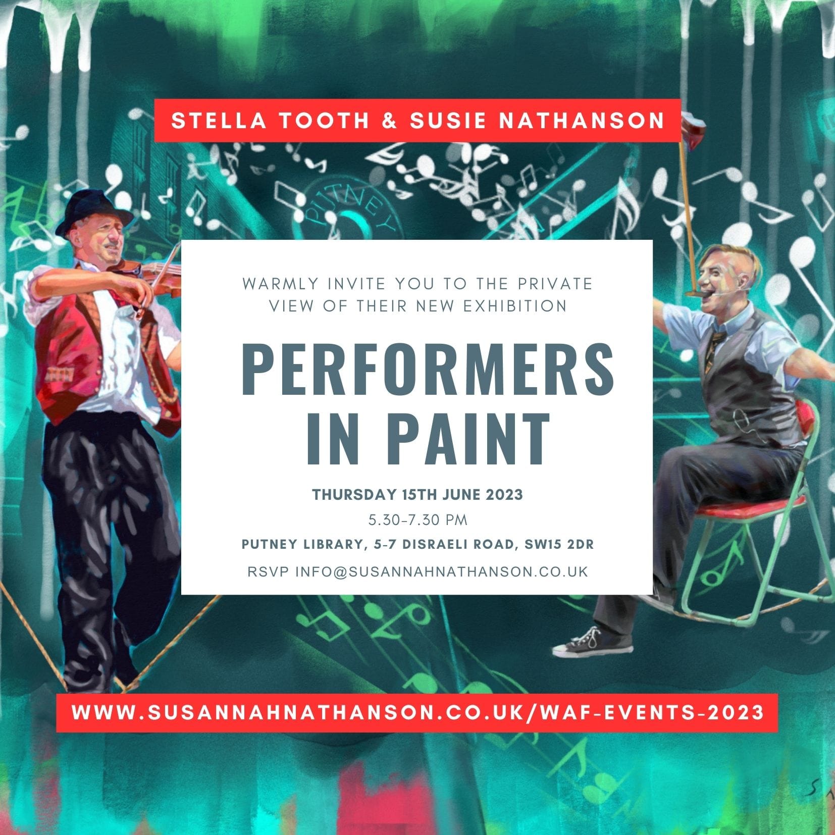 Private View invitation to Performers in Paint exhibition June 2023 Putney
