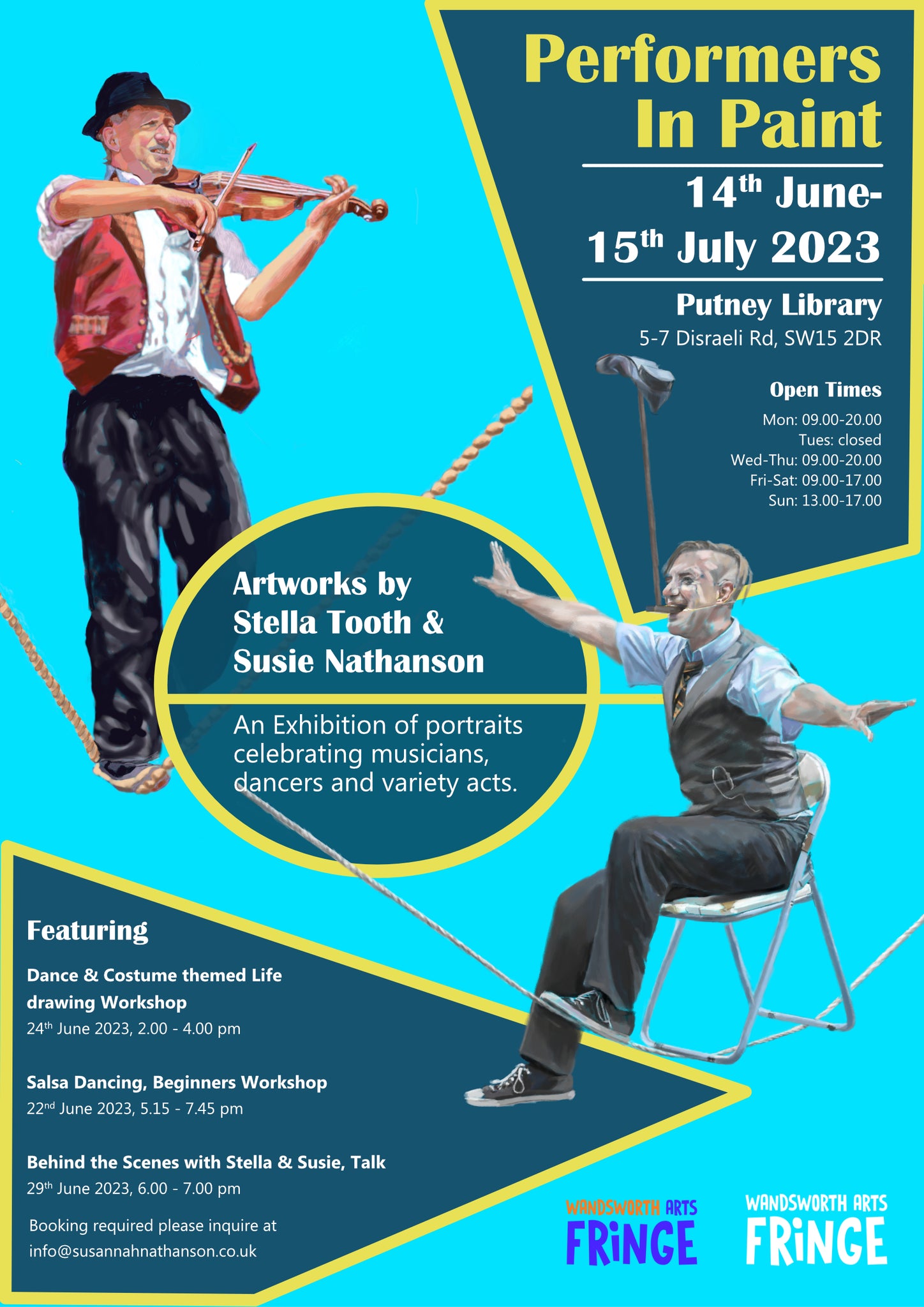 Performers in paint exhibition Putney Library June 2023