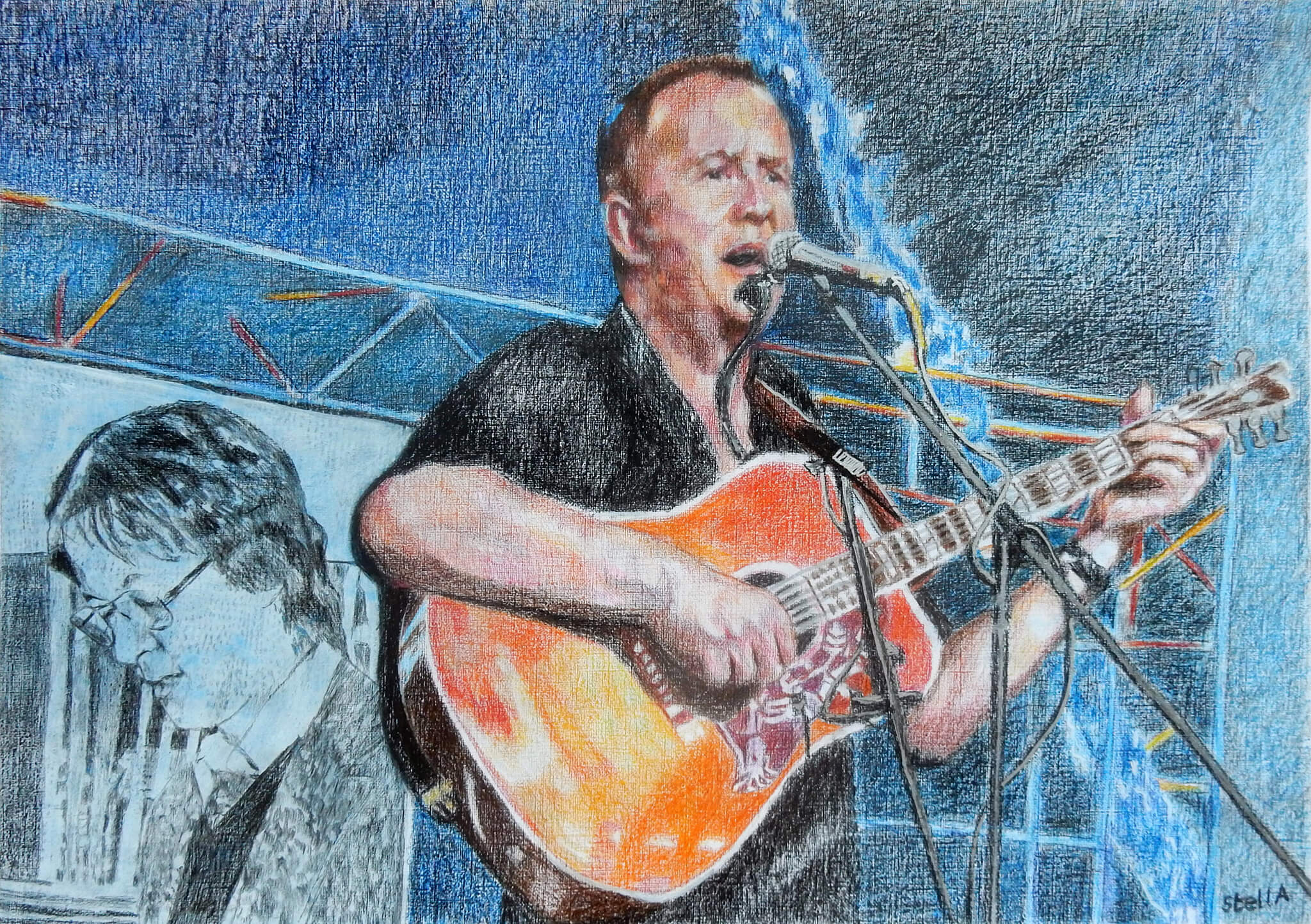 Pete Whitehead performing at retirement gig commissioned drawn portrait artwork by Stella Tooth.
