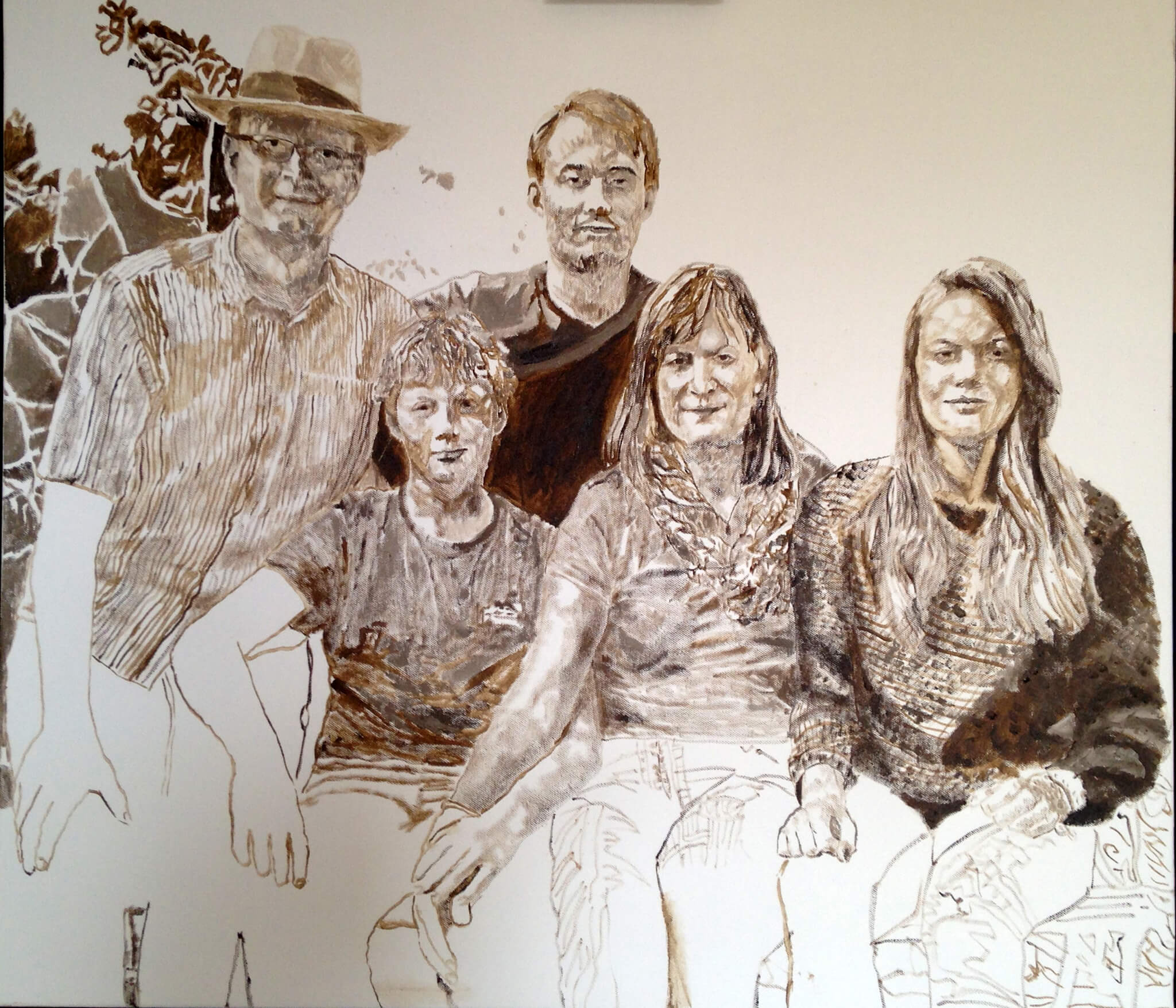 Artist Stella Tooth's family portrait commission in oils on canvas at stage of monochrome underpainting.