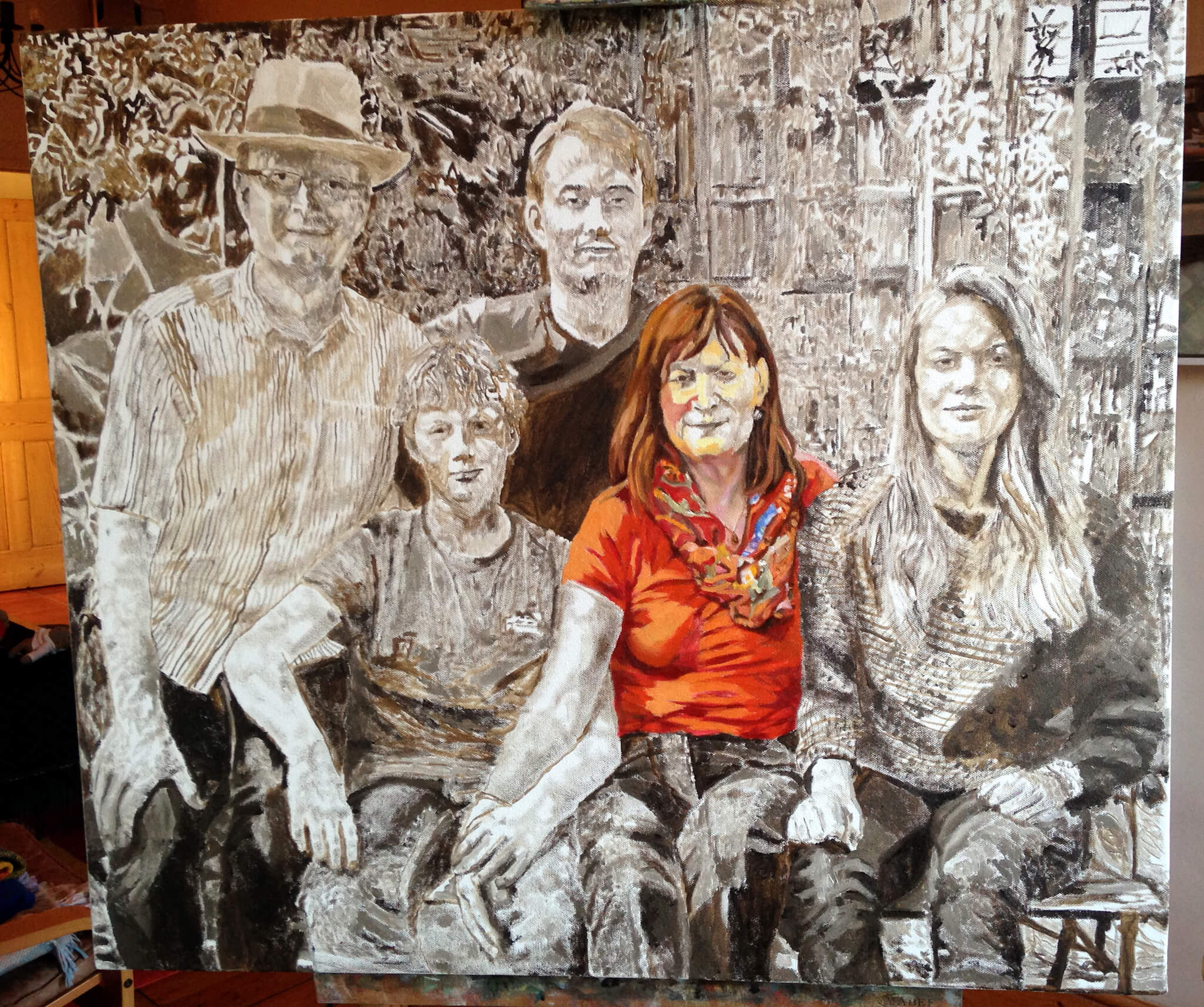 Stella Tooth's family portrait in oil on canvas artwork starting to paint fat over lean in colour.