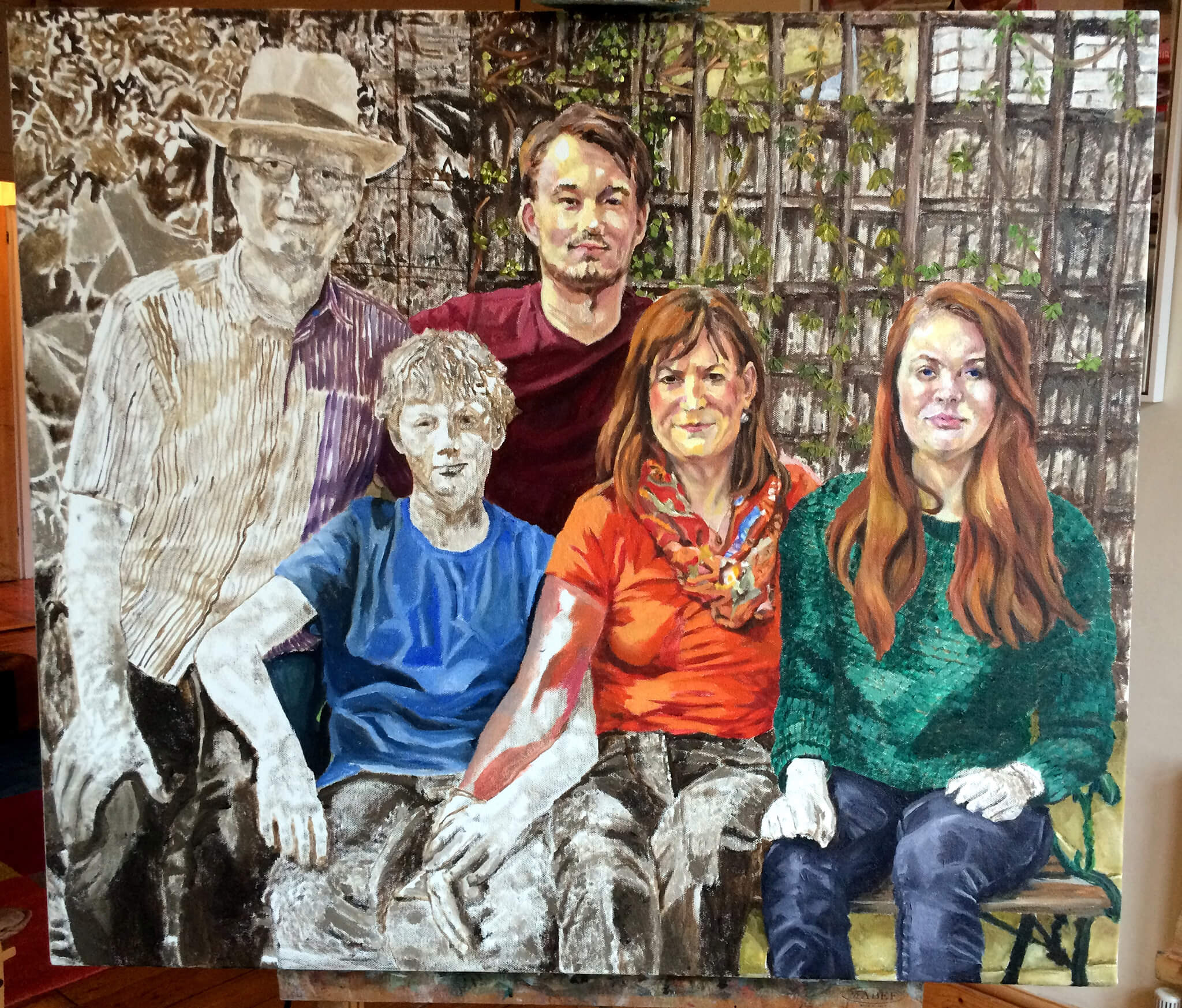 Artist Stella Tooth's family portrait in oils on canvas artwork in progress starting to add colour.