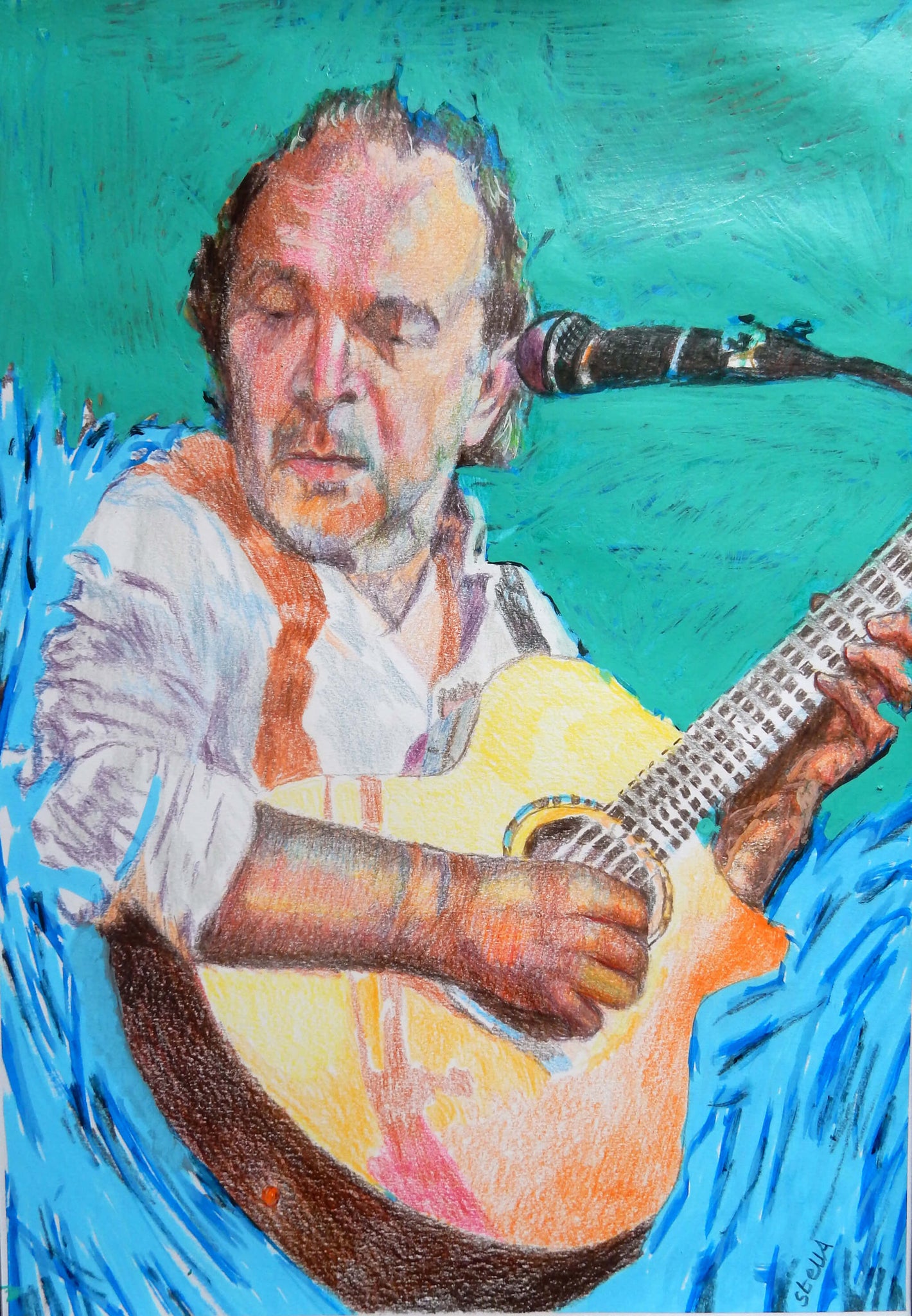 Robert Hokum Founder Ealing Blues Festival drawn mixed media portrait by Stella Tooth.