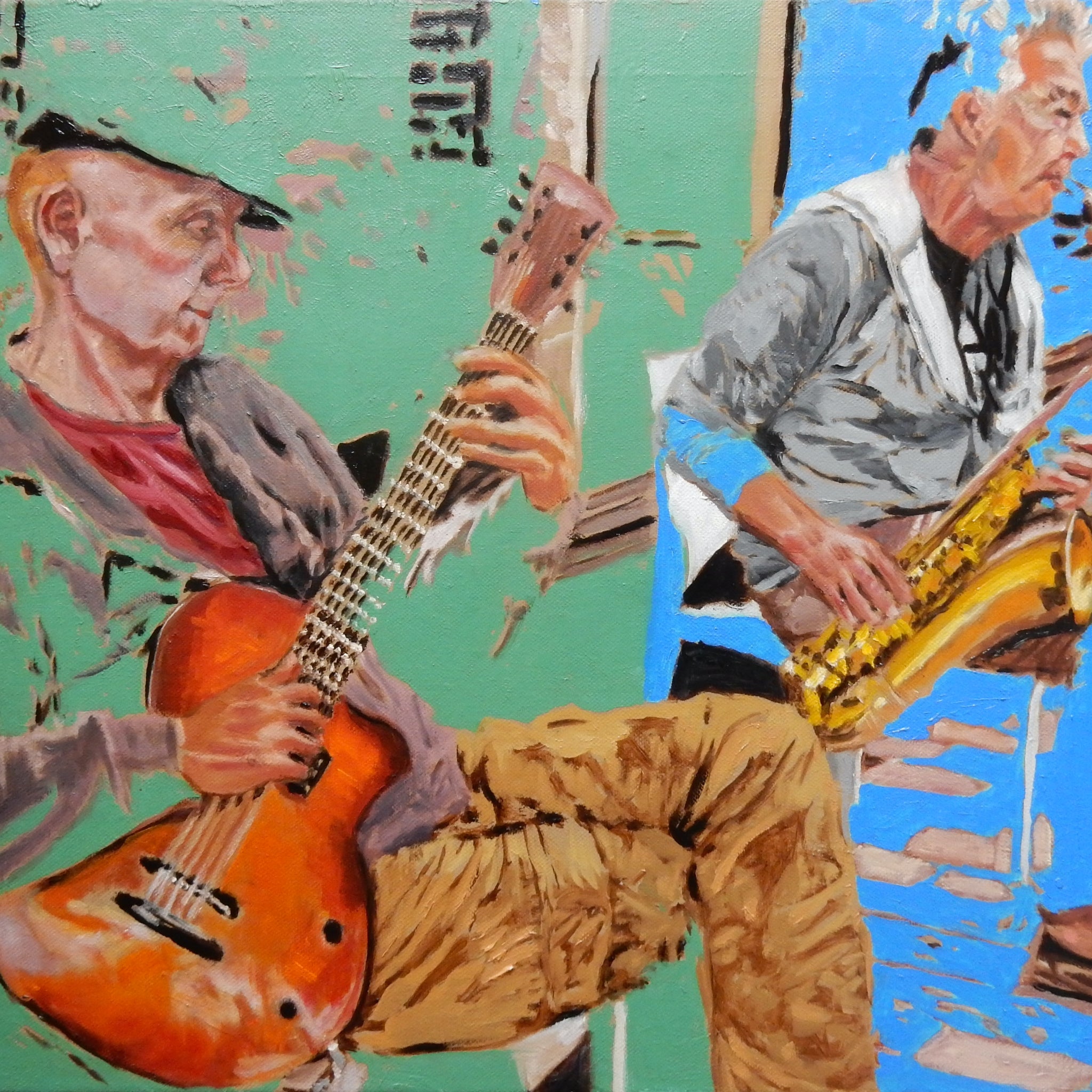 Roy Gee and Matt Wall buskers Brighton oil on canvas by Stella Tooth artist