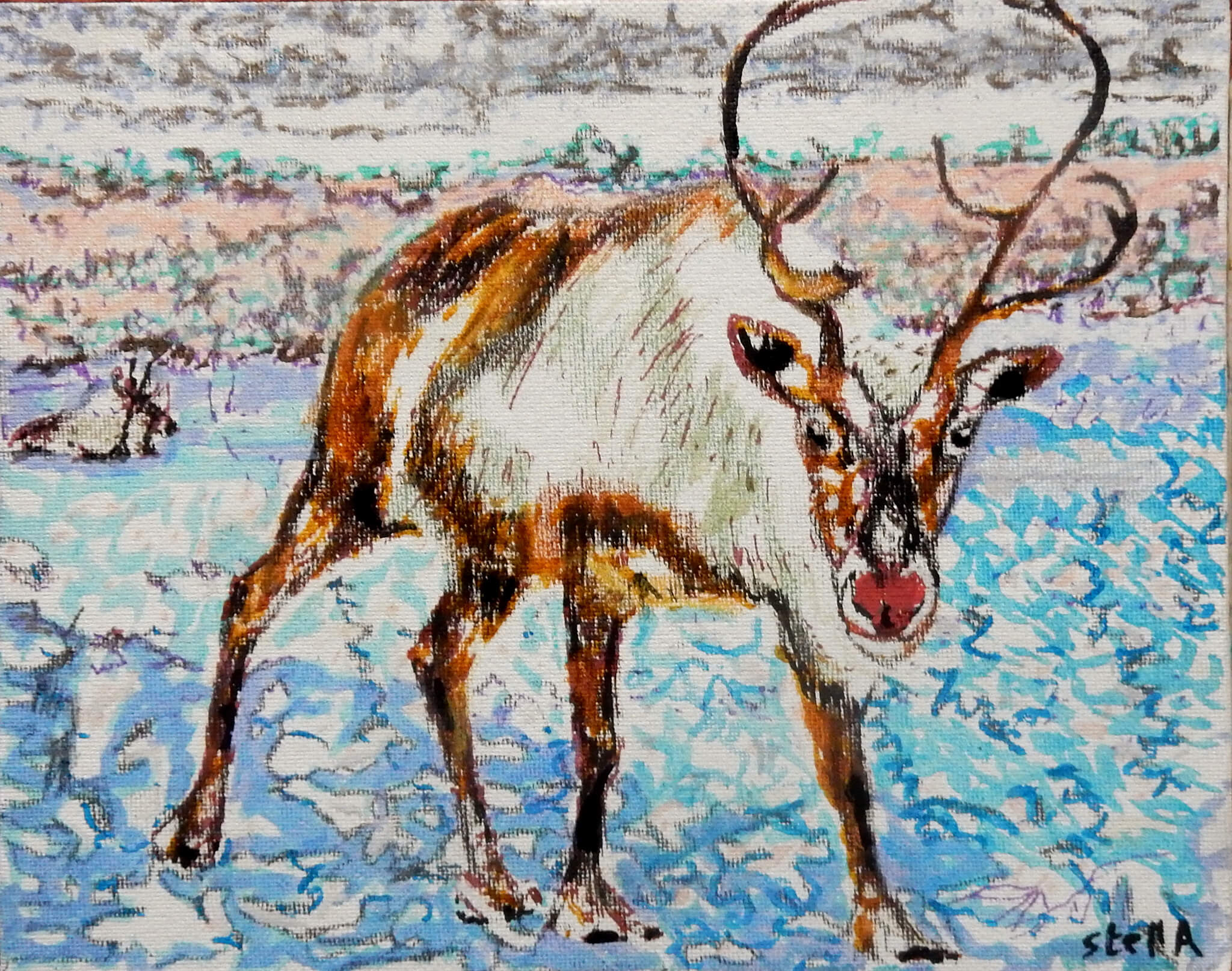 Rudolph oil on canvas board Christmas artwork by Stella Tooth.