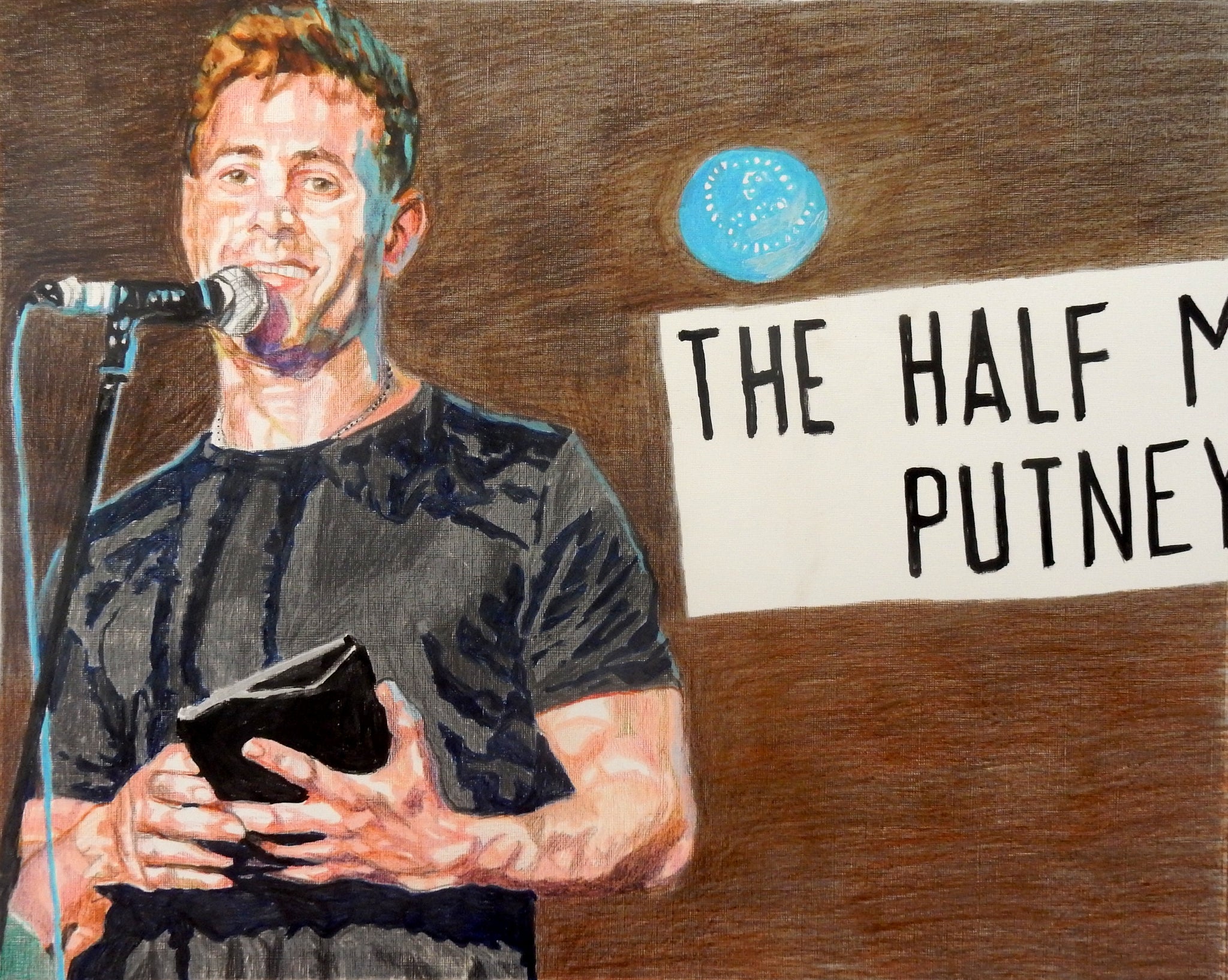 Simon Brodkin Comedian at Half Moon Putney mixed media on paper by Stella Tooth