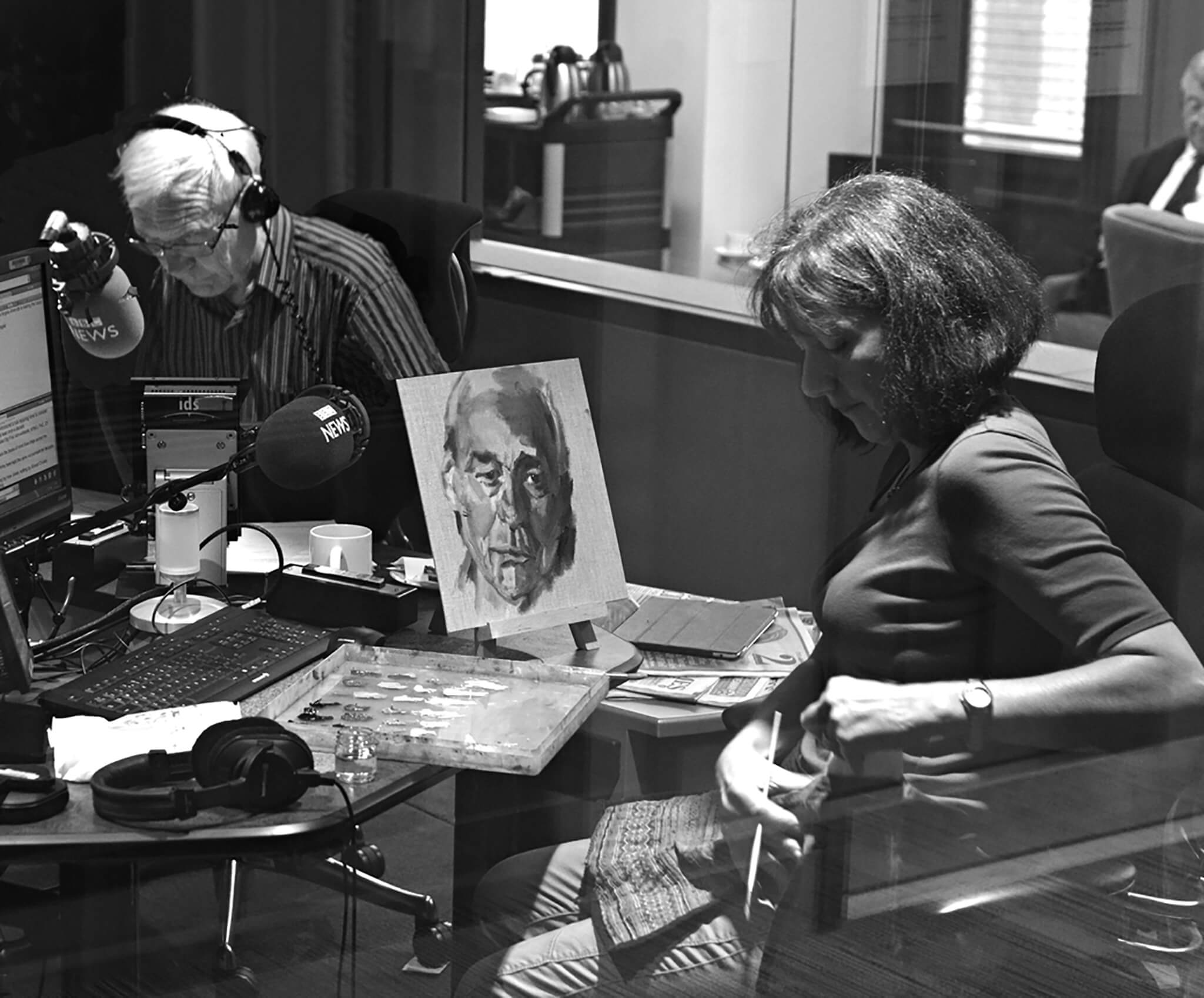 Artist Stella Tooth painting study BBC's John Humphrys in R4 Today studio. Photo: Jeff Overs