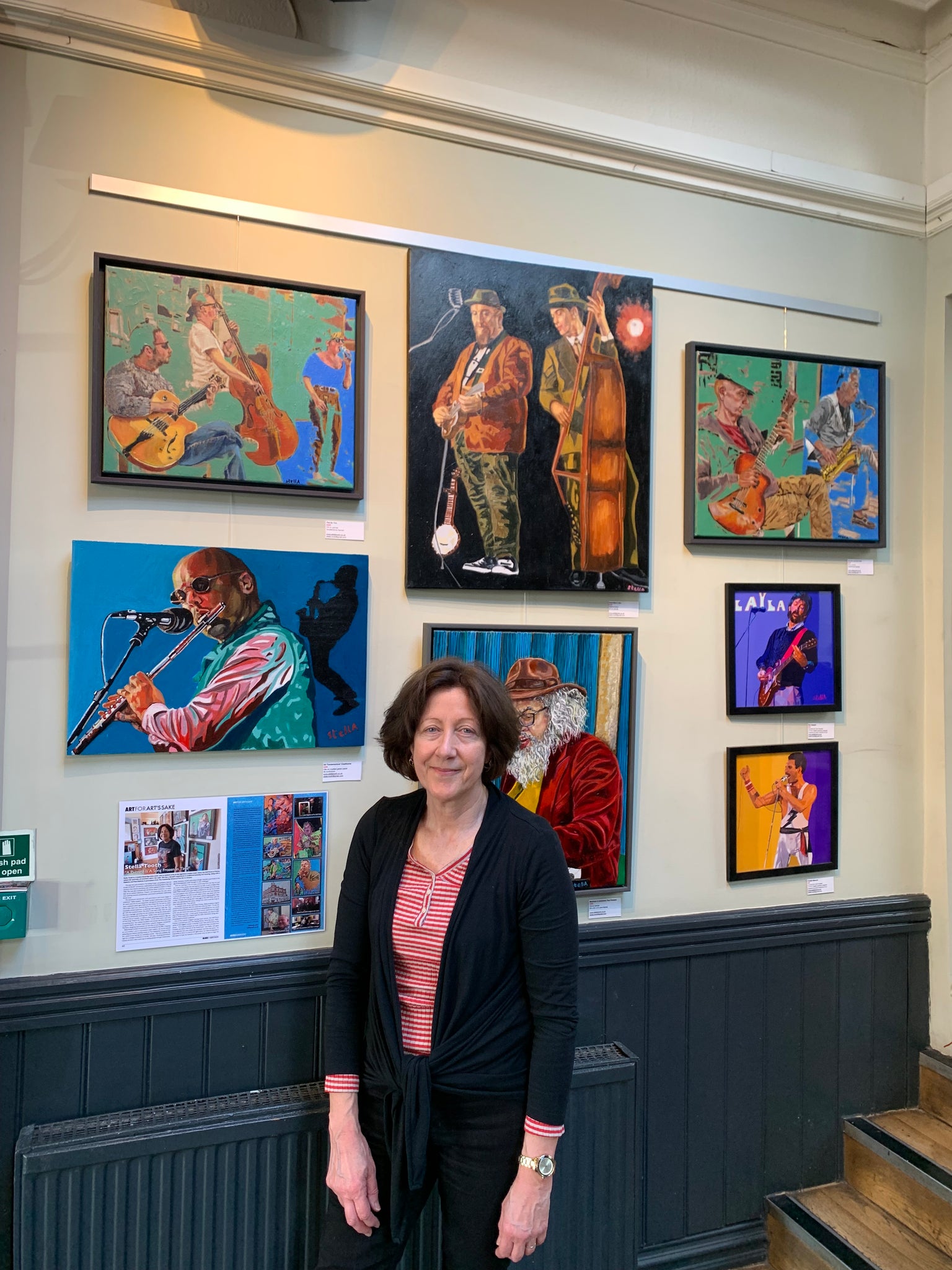 Stella Tooth with her jazz art exhibition at The Bull's Head Barnes
