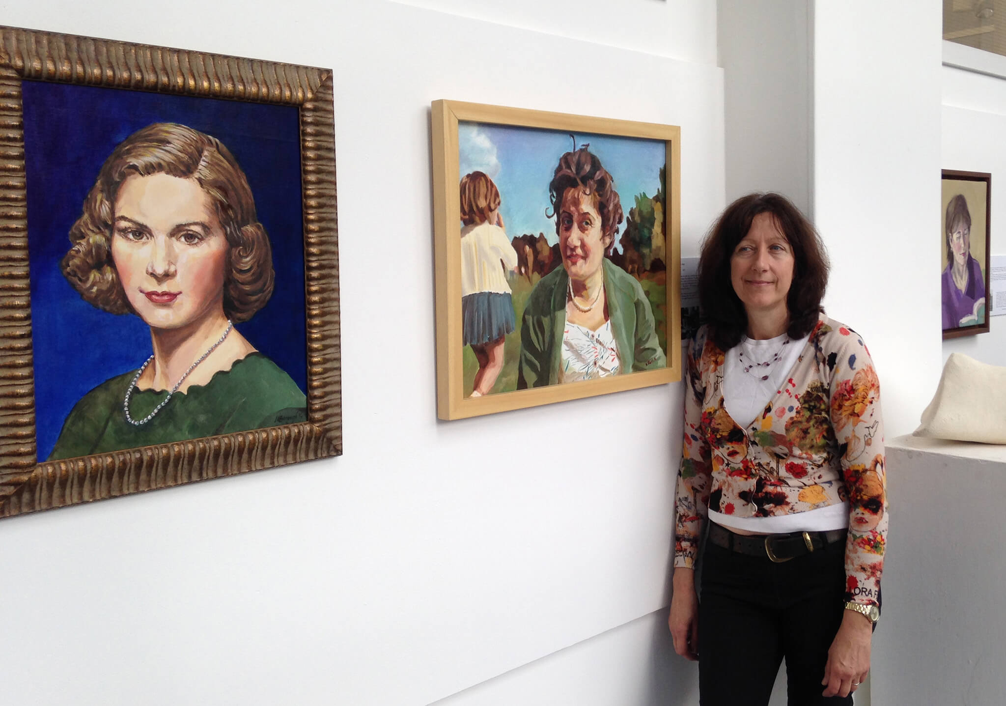 Artist Stella Tooth at Motherhood exhibition Lots Road Group at Heatherleys with her portrait Mum and me.