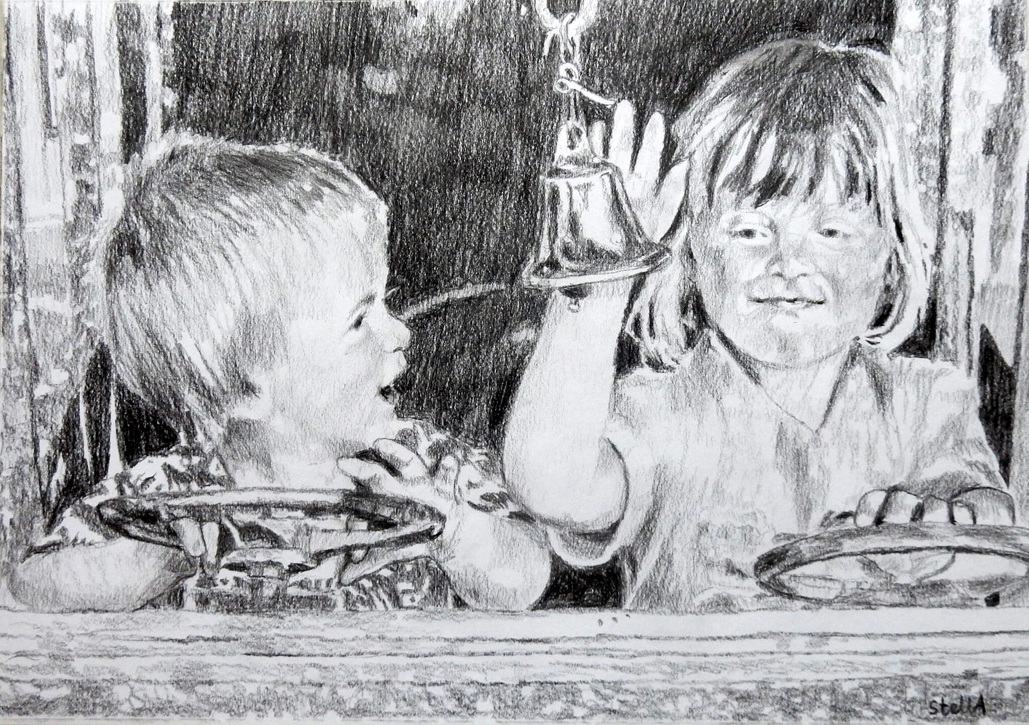 Tim Beeson and sister commissioned childhood drawing on paper from photo by Stella Tooth