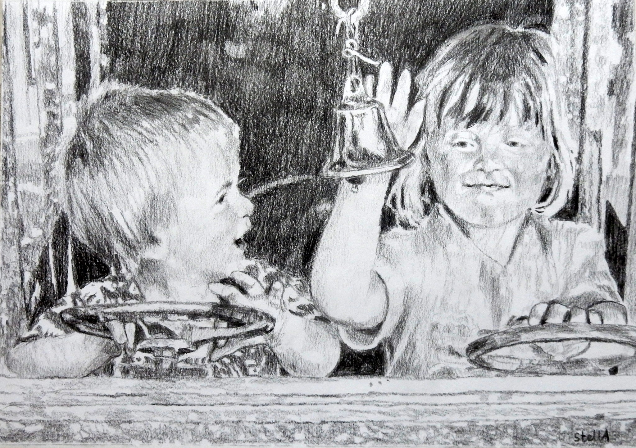 Drawn commission of two siblings by portrait artist Stella Tooth