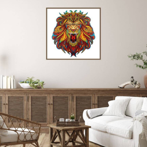 Wooden jigsaw puzzle lion framed on a living room wall