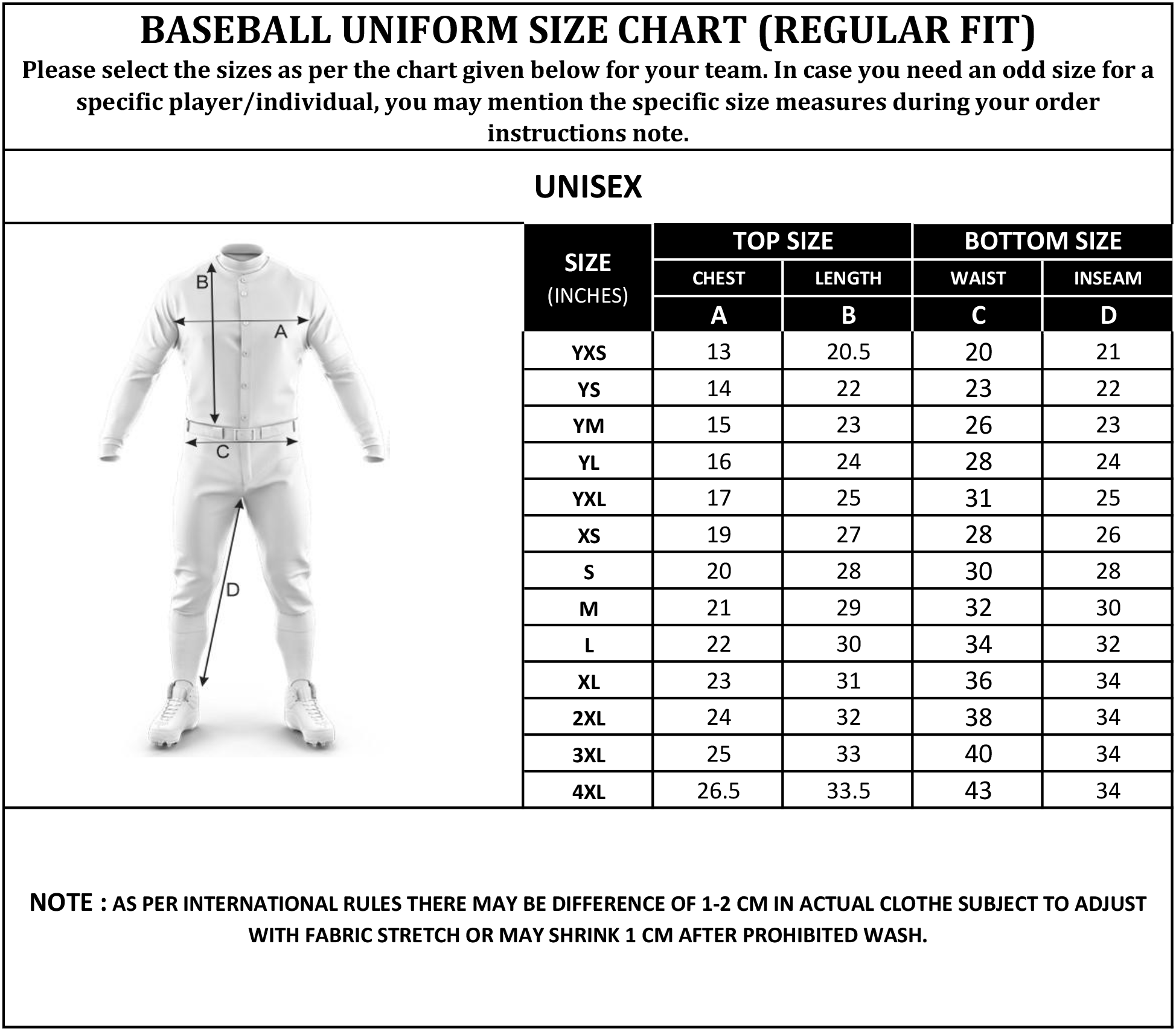 Baseball Uniform Size Chart