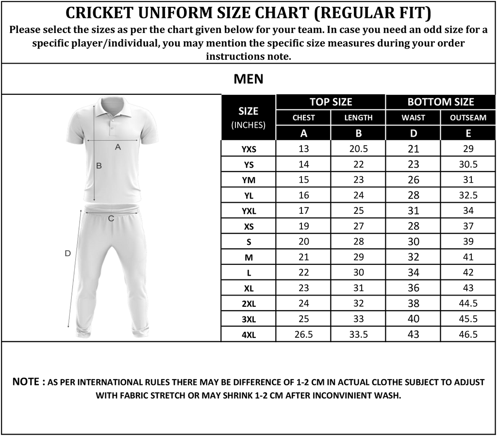 Cricket Uniform Size Chart