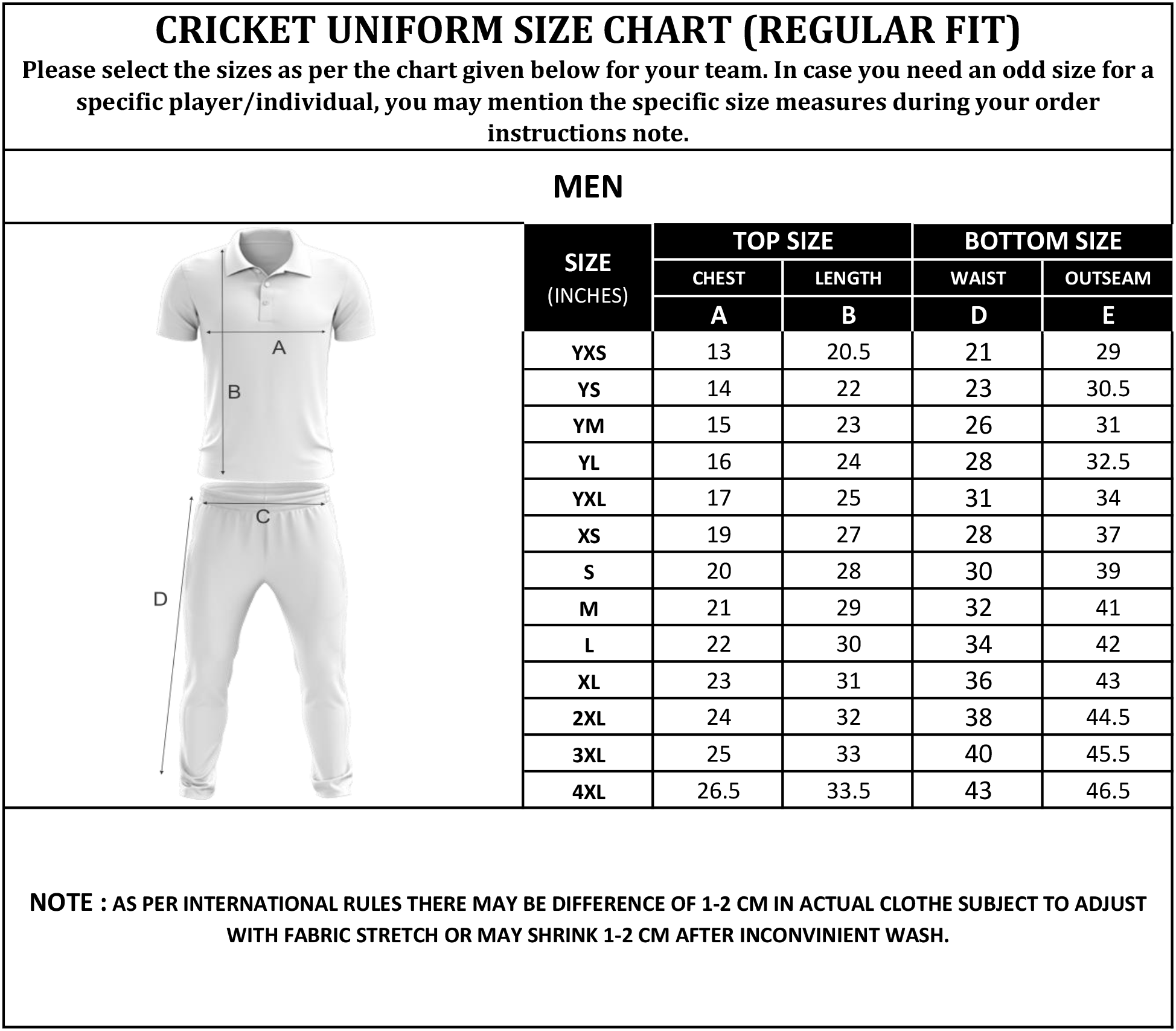 Size Chart of Cricket Wear
