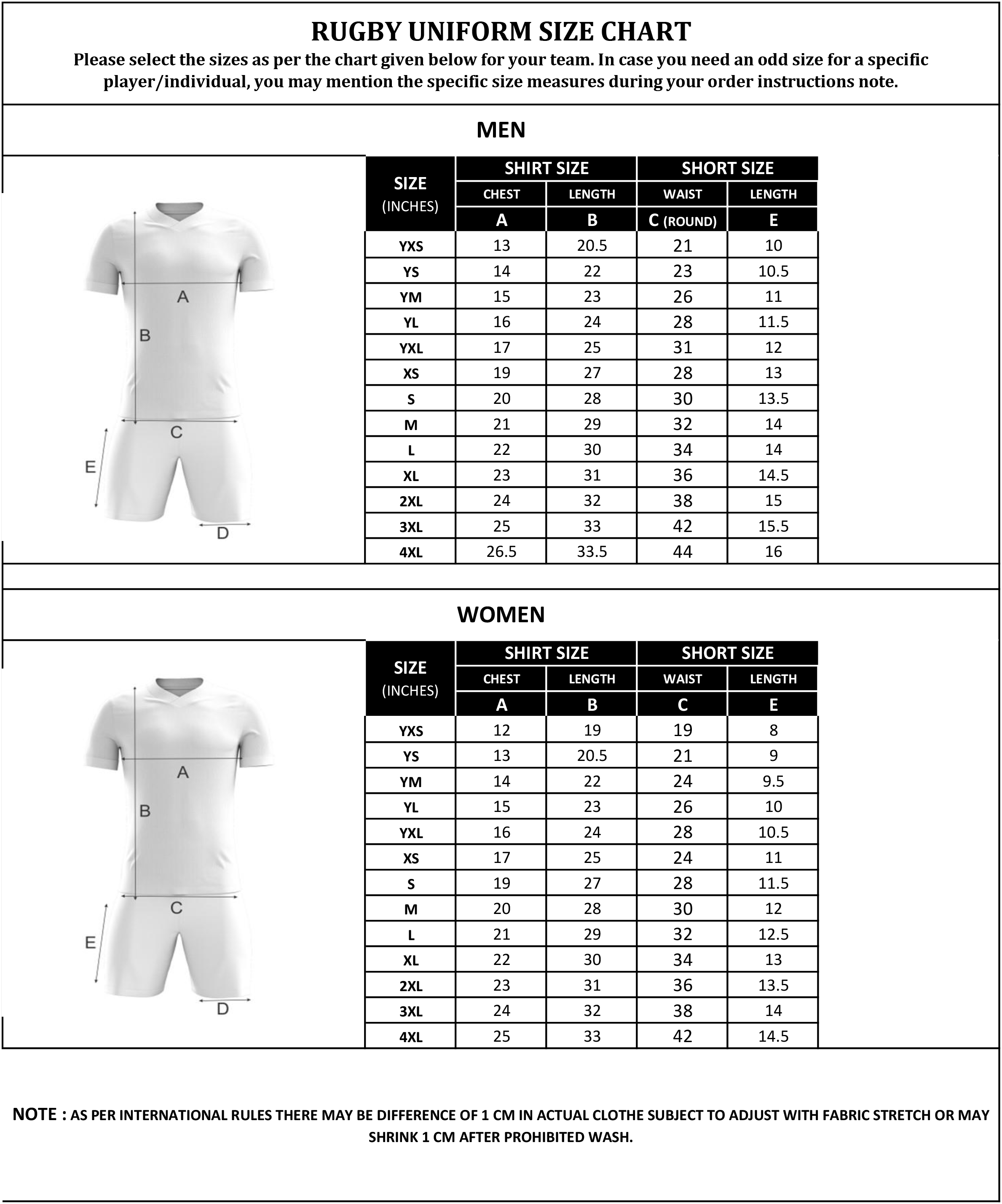 Rugby Uniform Size Chart