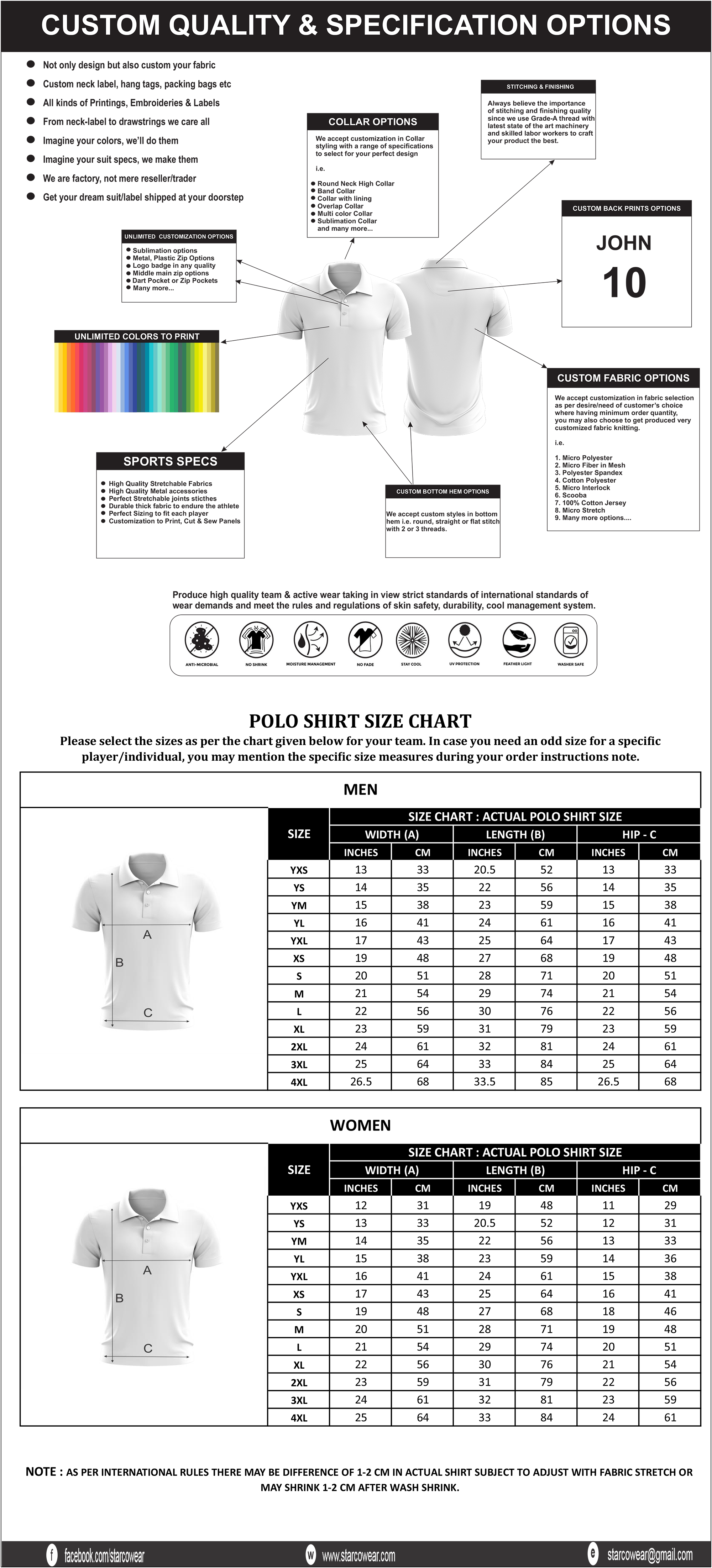 Polo Shirt Description and Size Chart