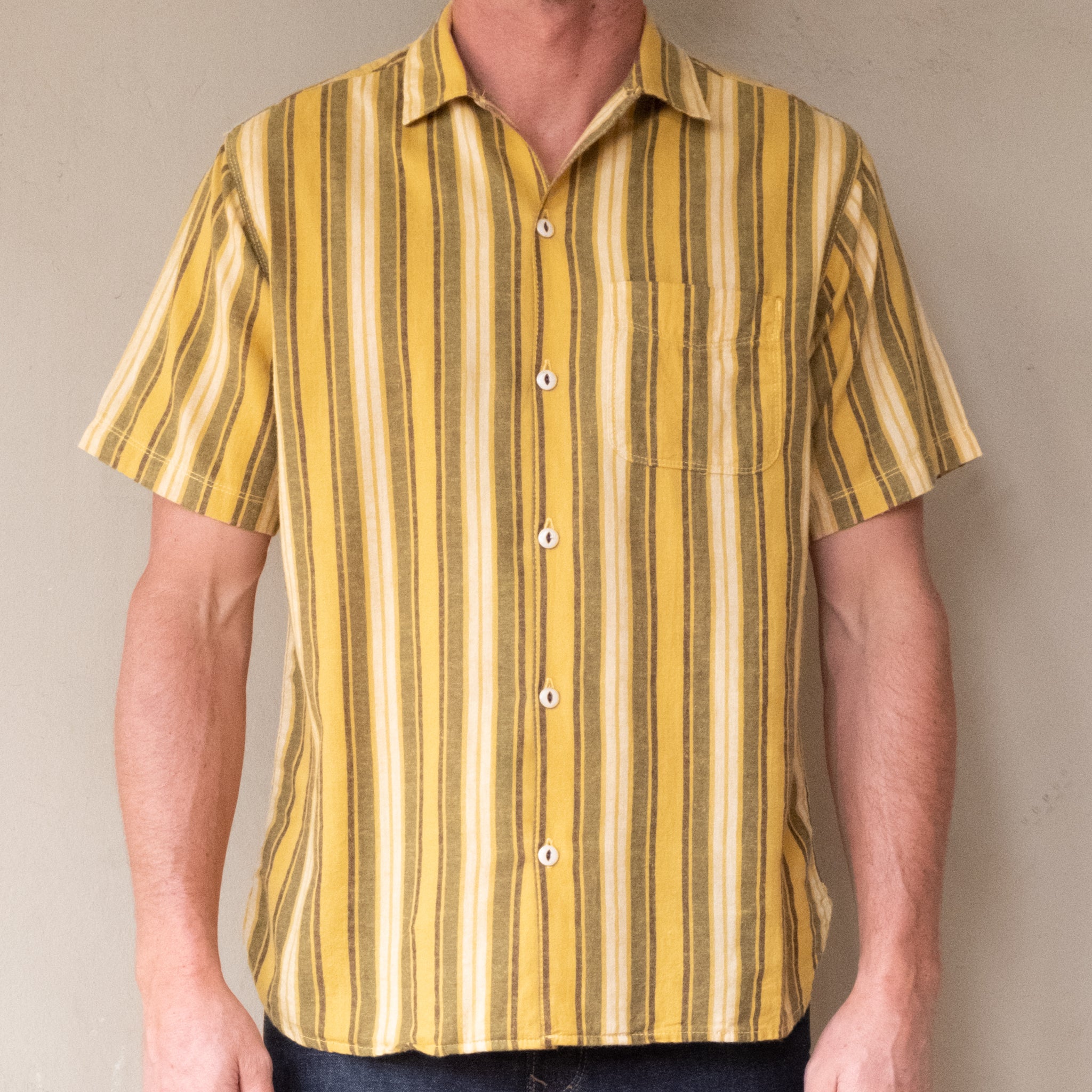 Hutspah Men's Shirt Striped Button Down Vintage Yellow / Gray Cotton  XL 80s