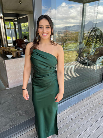 Shelli bespoke emerald green 1 shoulder bridesmaid dress