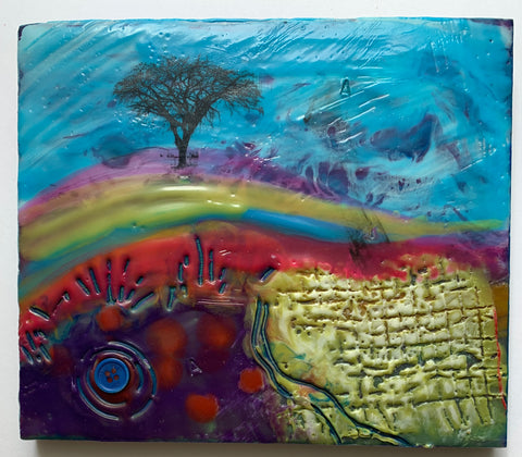 An elm tree in the upper left portion of the painting is a sillouhette on a purple blue sky. It grows from a low arching light coloured rainbow of pink, yellow and blue. In the lower half of the painting the left side contains textures of red and purple with a blue button embedded and surrounded by circular lines. On the right is a woven textured squarish shape of white and yellow ochre..