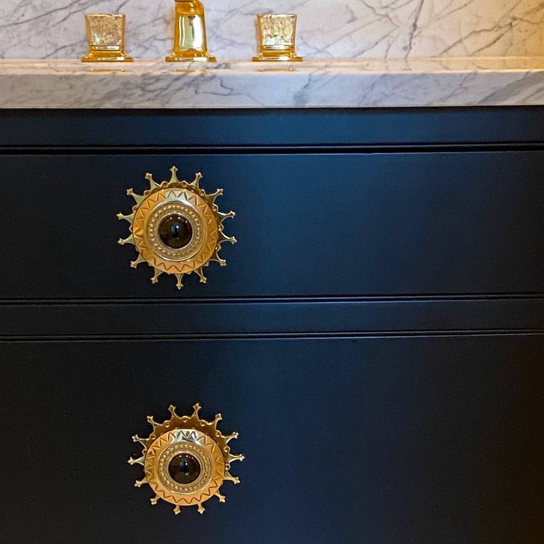 Vanity with Las Damas Backplate in Brass and Large Aztec Knob in Brass and Black