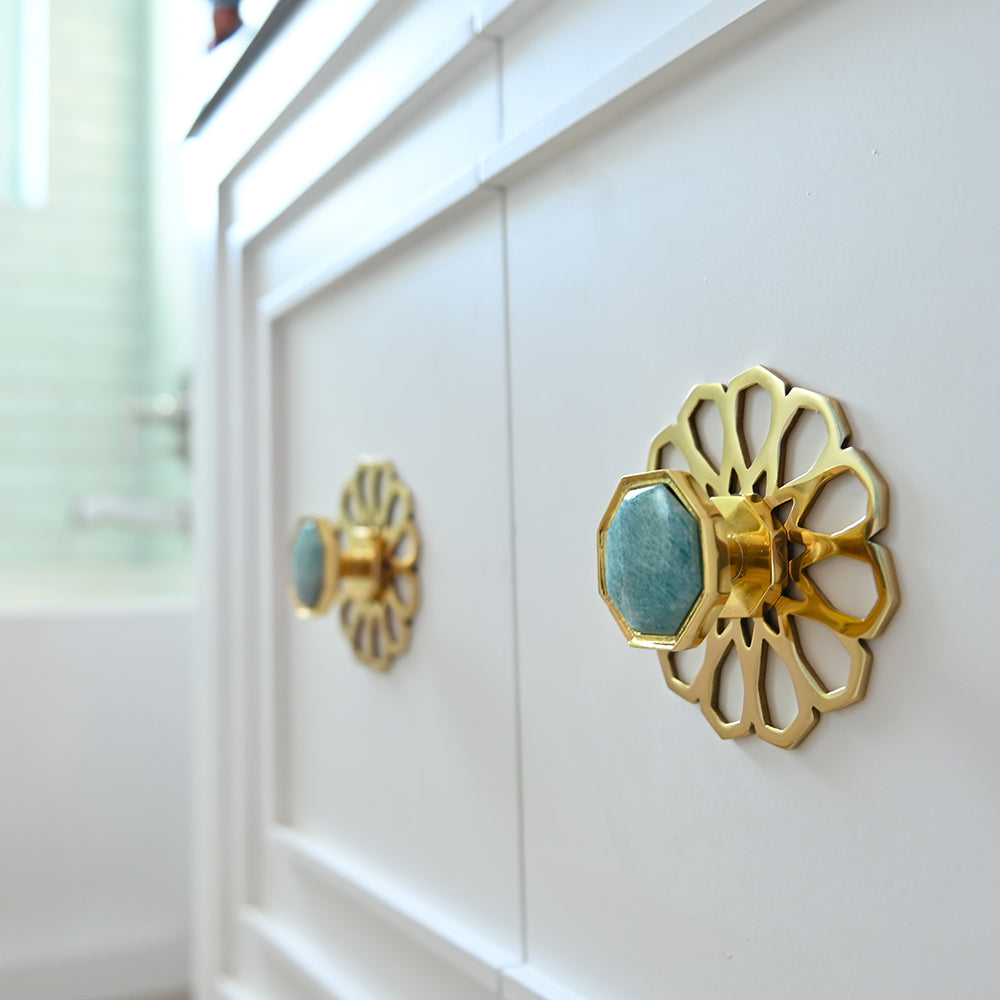 Cabinet with Neale Backplate in Brass and Harrison Small Knob in Brass and Amazonite